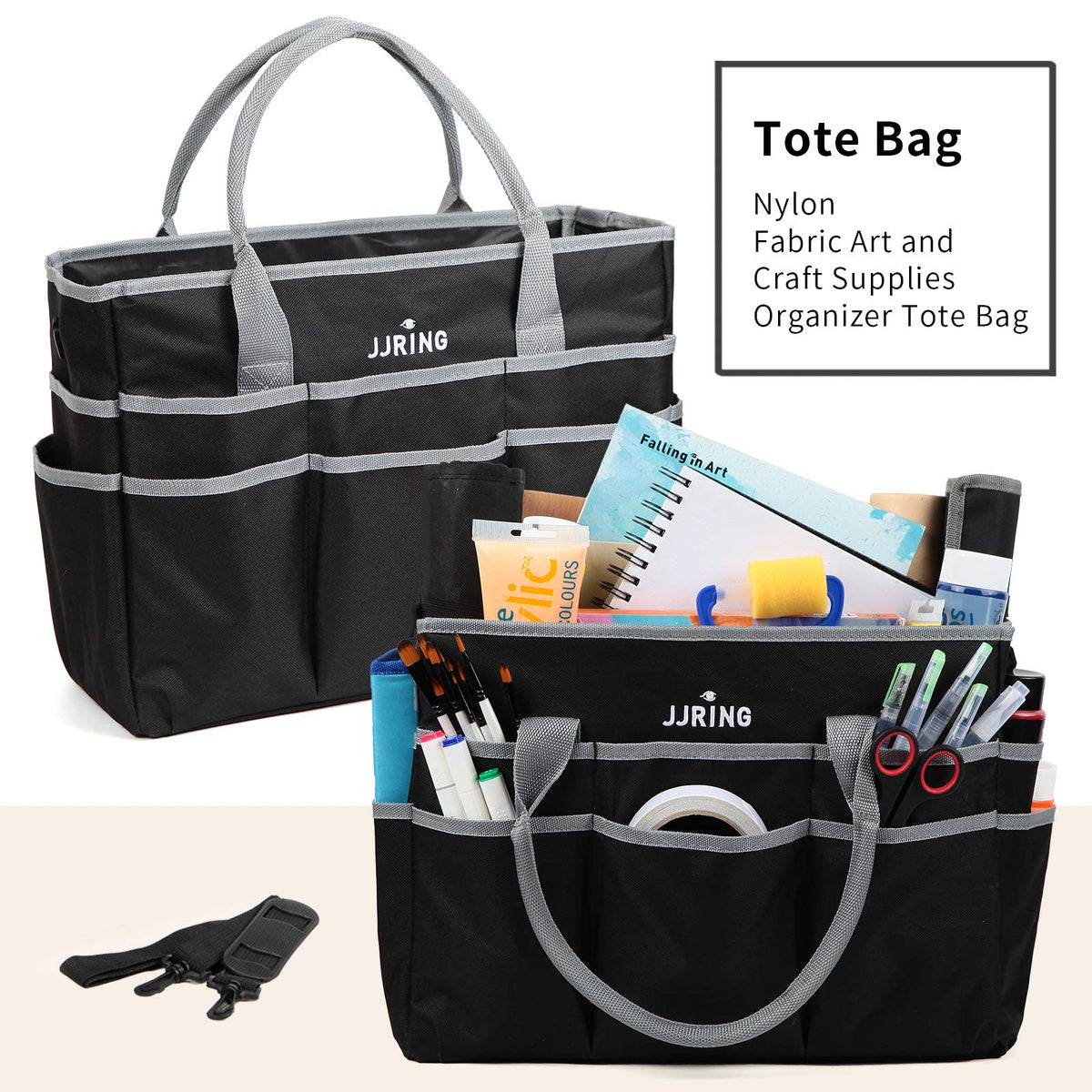 JJRING Large 600D Nylon Artist Organizer Tote Bag With 16 Pockets, Silver