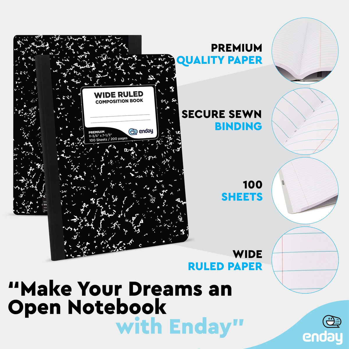 Emraw Marble Composition Notebook Wide Ruled Paper, 2 Pack, 9-3/4" x 7-1/2", 100 Sheets per