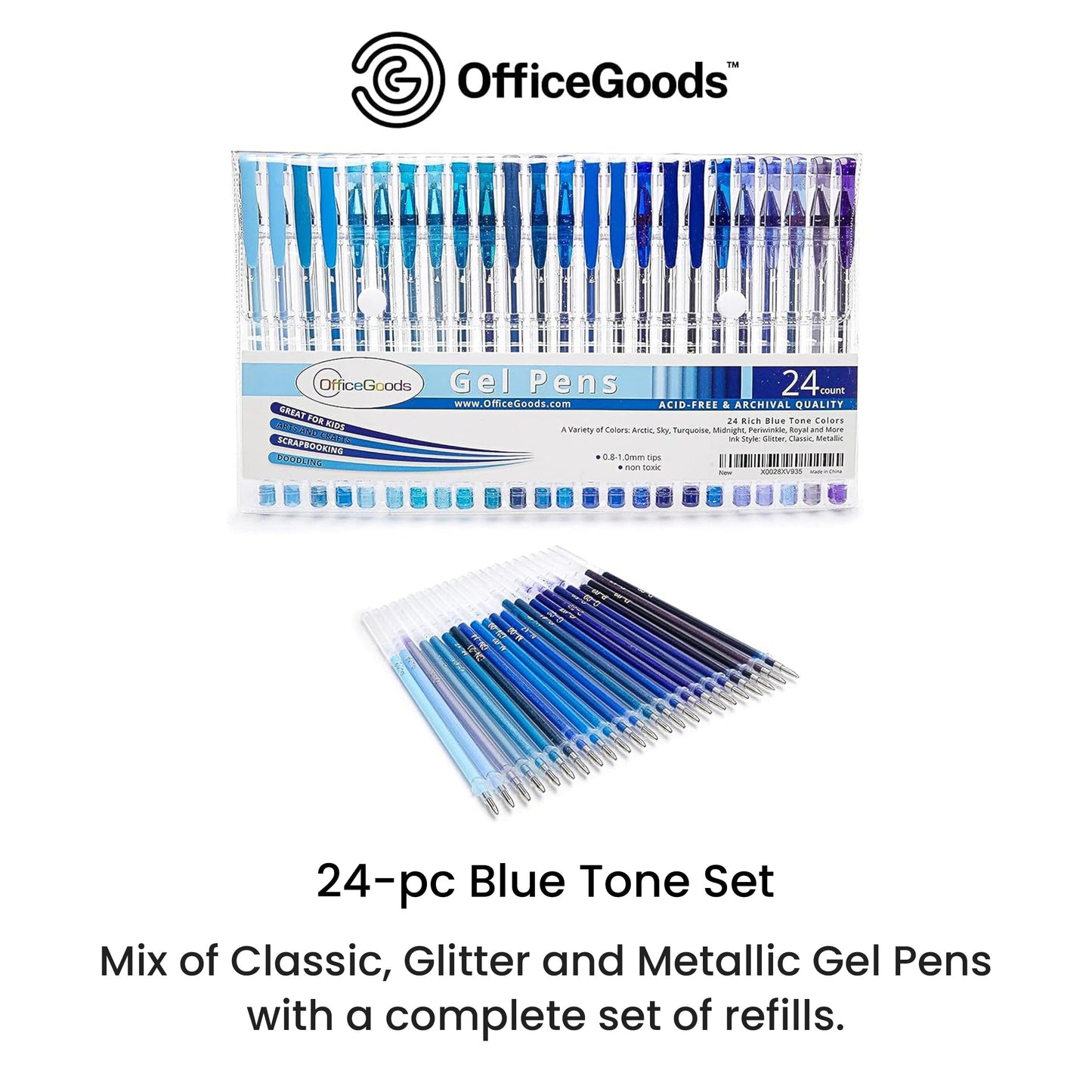 OfficeGoods Blue Gel Pens with Refills, Medium 0.8-1.0mm Tips, 24 Pack