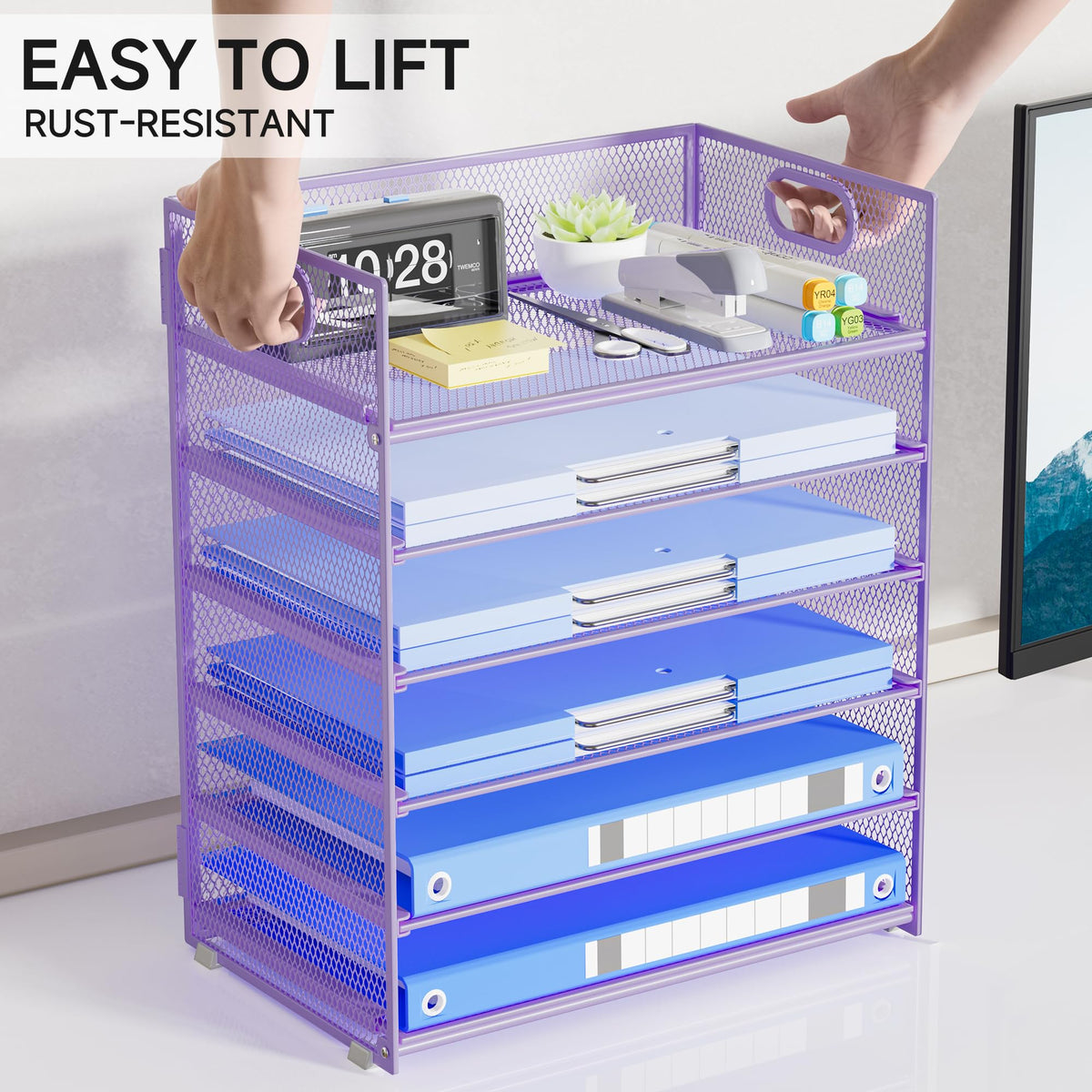 Kinkota Purple Paper Organizer for Desk with Handle, 6-Tier