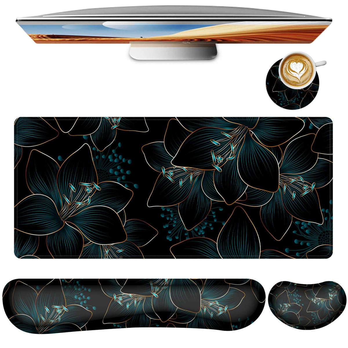 Keyboard Mouse Pad Set,Large Gaming Mouse Pad+Keyboard Wrist Rest+Wrist Rest+Coaster,Computer Desk