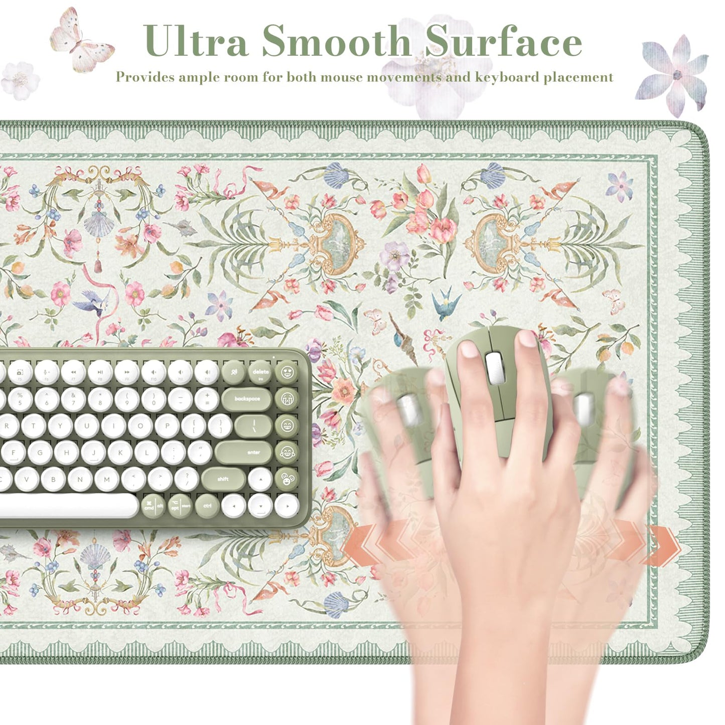 HAOCOO Green Desk Pad, 35.4" x 15.7" Vintage Floral Keyboard Mat for Office