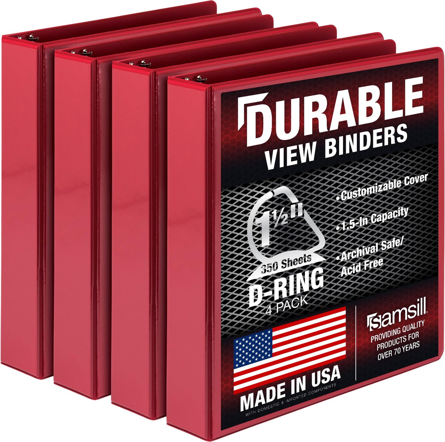 Samsill Durable 1.5 inch 3 Ring Binder, D Ring Binder, 100% Recycled Chipboard, Red, 4 Pack