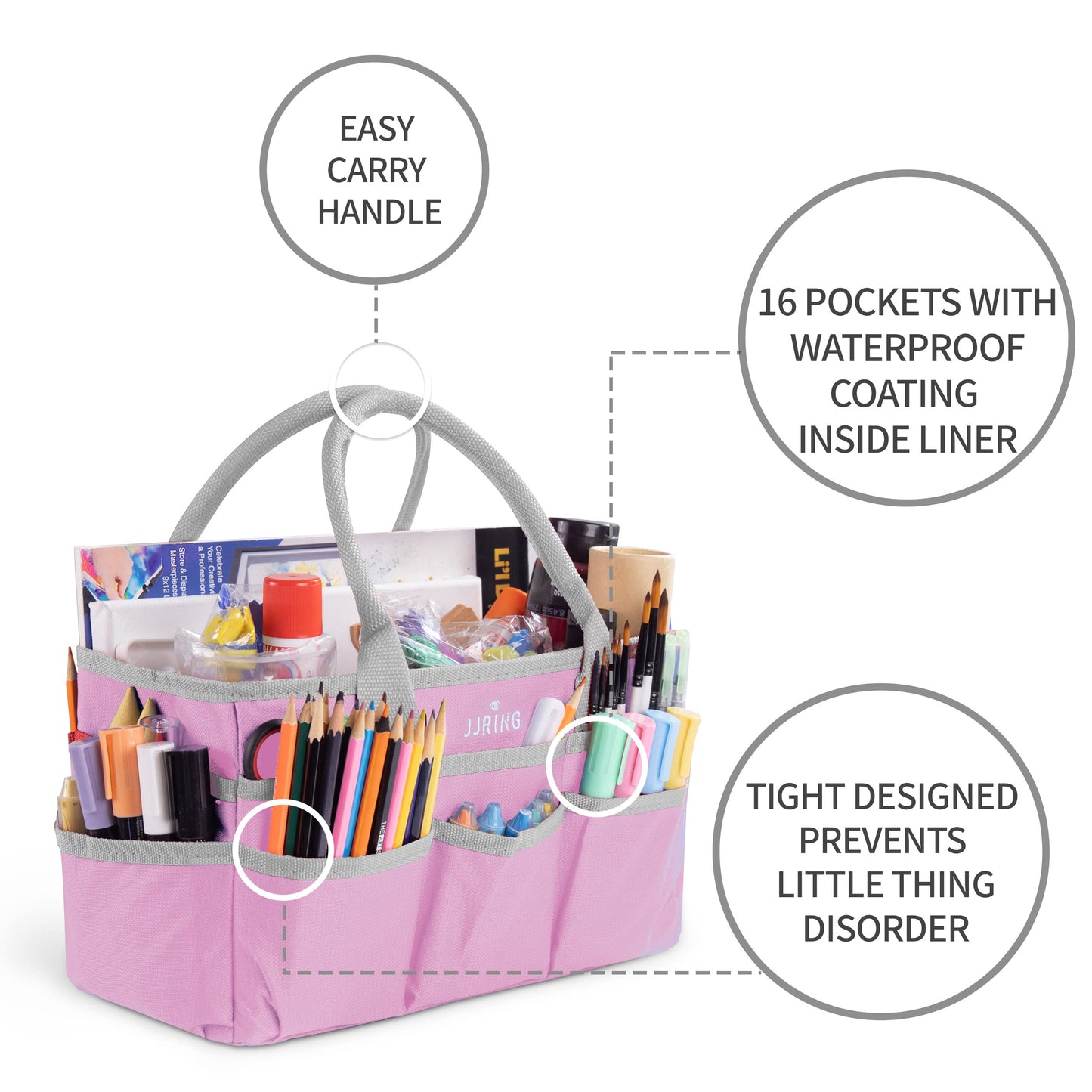 JJRING 600D Nylon Craft & Art Organizer Tote Bag With Pockets, Pink