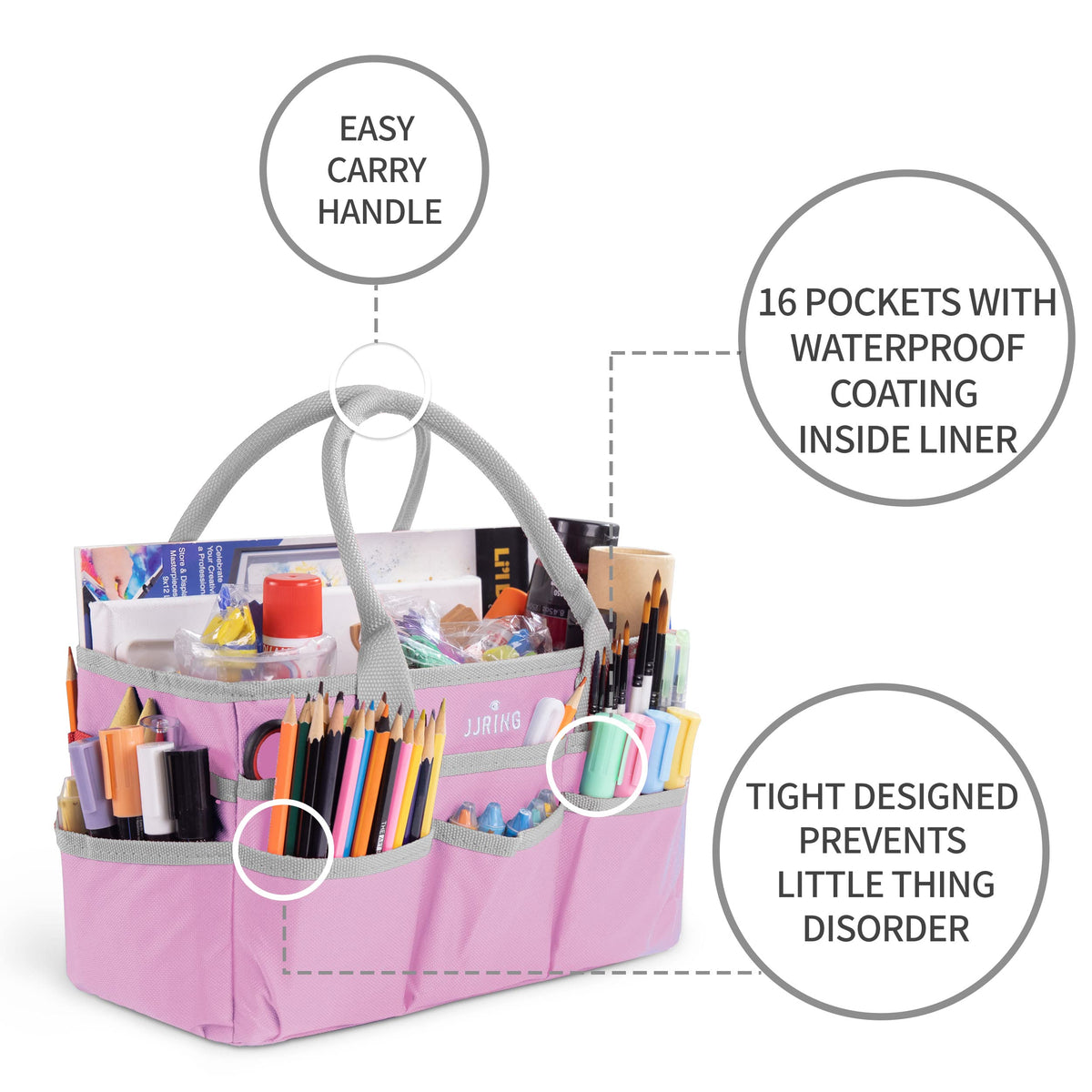 JJRING 600D Nylon Craft & Art Organizer Tote Bag With Pockets, Pink