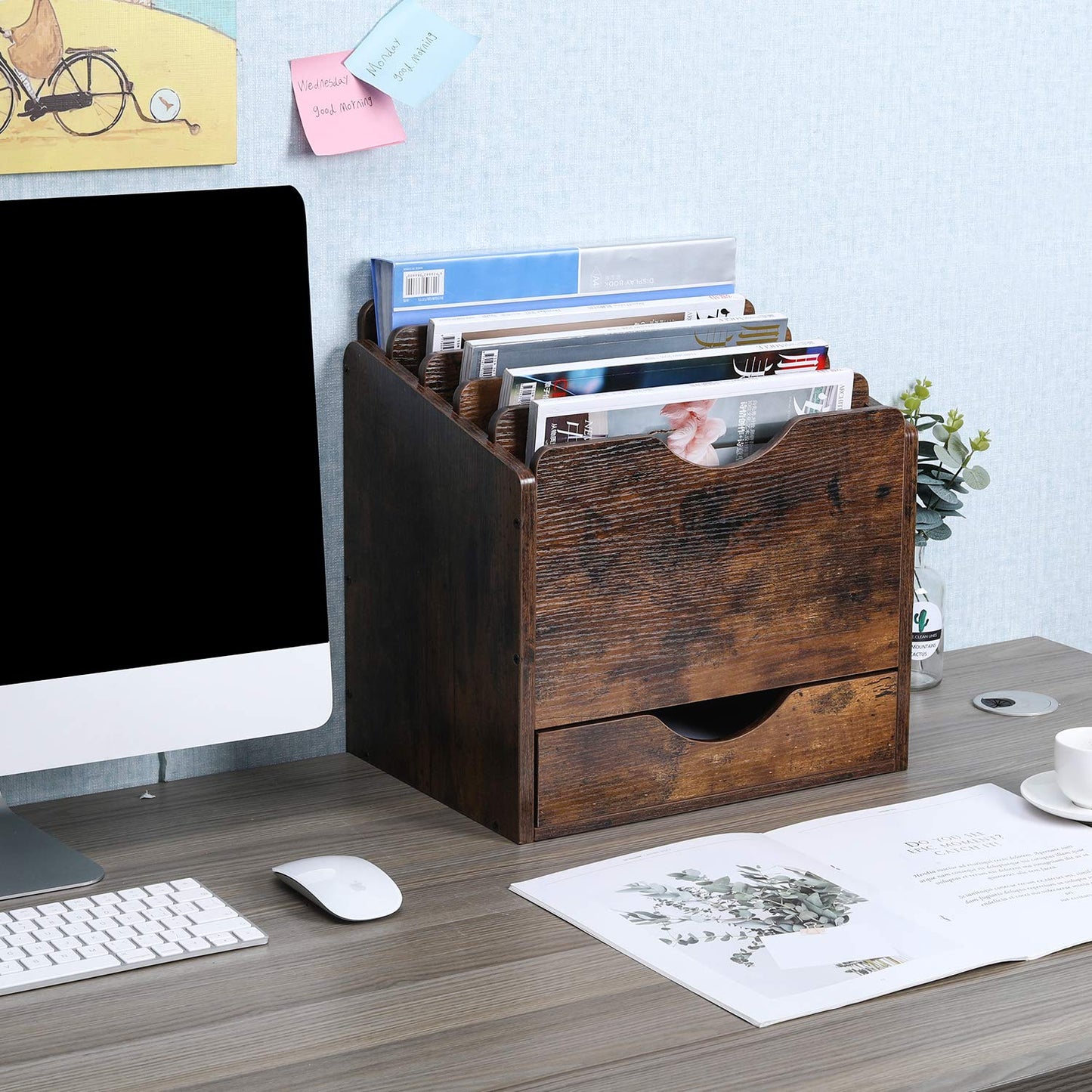 PAG-Mass Wood Desktop File Holder Organizer Mail Sorter with Drawer, for File Folders, Mails
