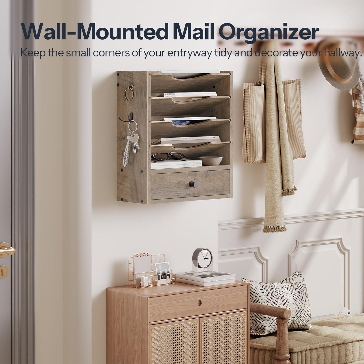 HOOBRO Wall File Organizer, Mail Organizer Wall Mounted, Wooden Mail Sorter, Construction Paper