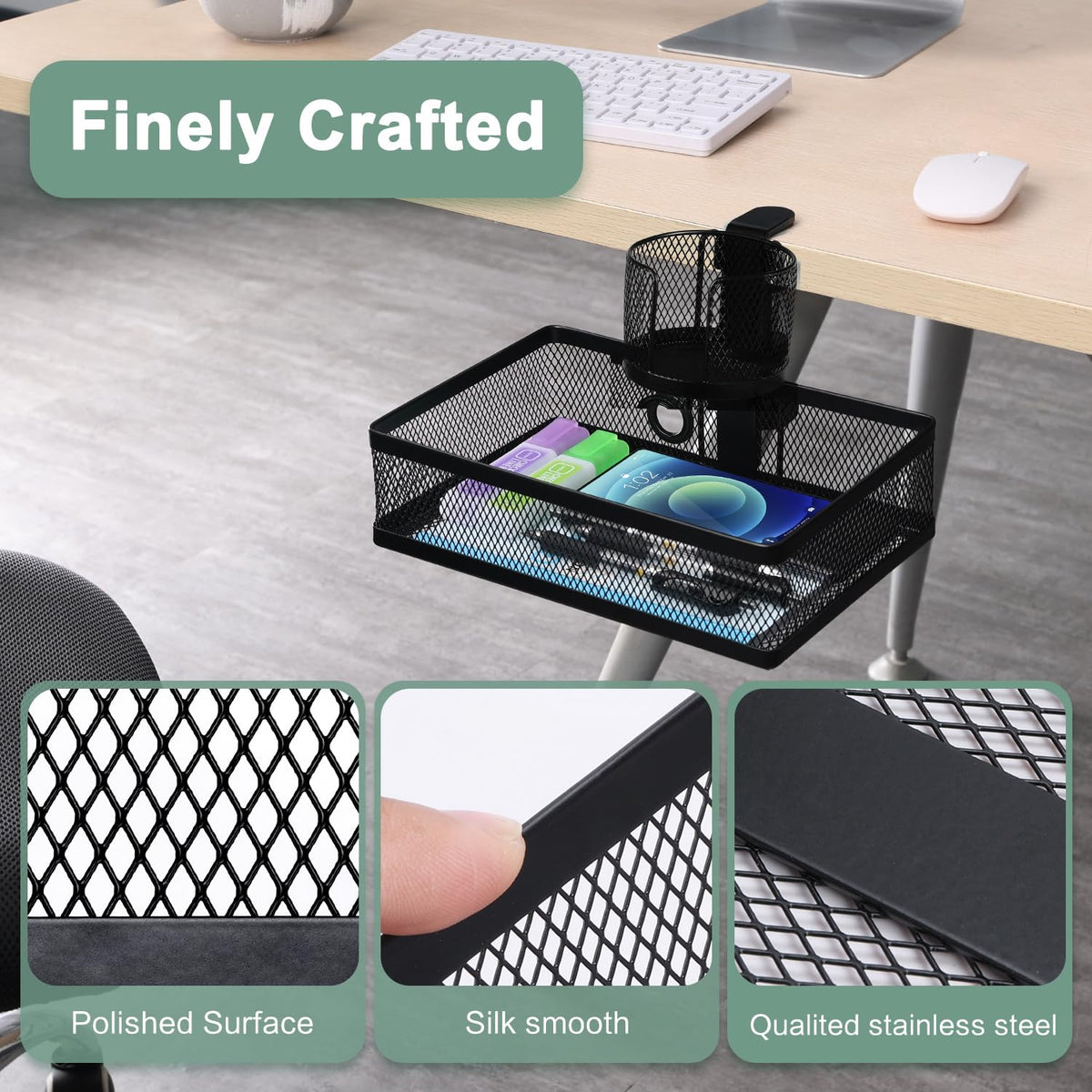 ROSYLINE Rotary Under Desk Storage Organizer with Cup Holder & Drawer Tray