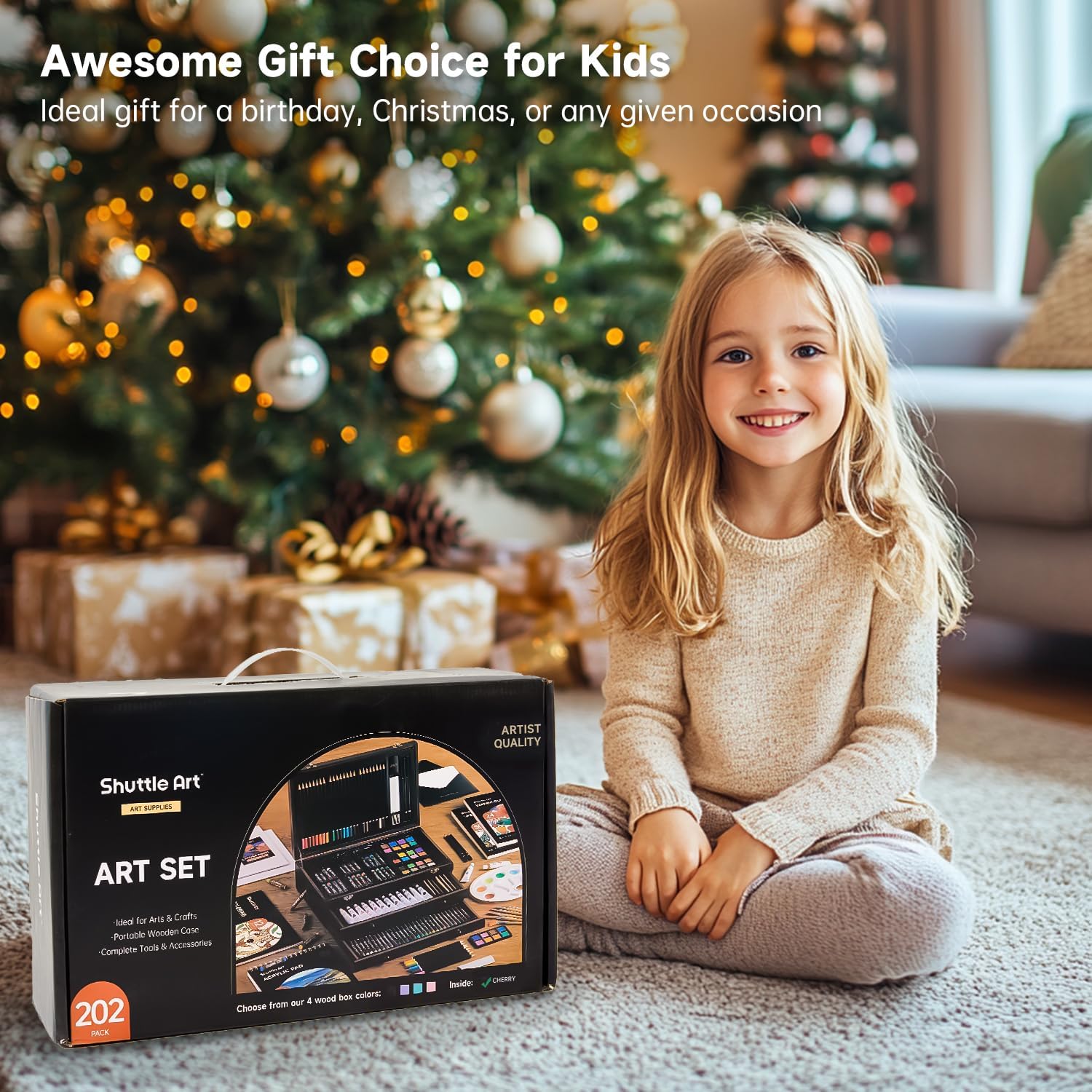 Shuttle Art Deluxe Gift Art Kit, 202-Piece Wooden Art Supplies Set with 4 Drawing Pads, Canvases