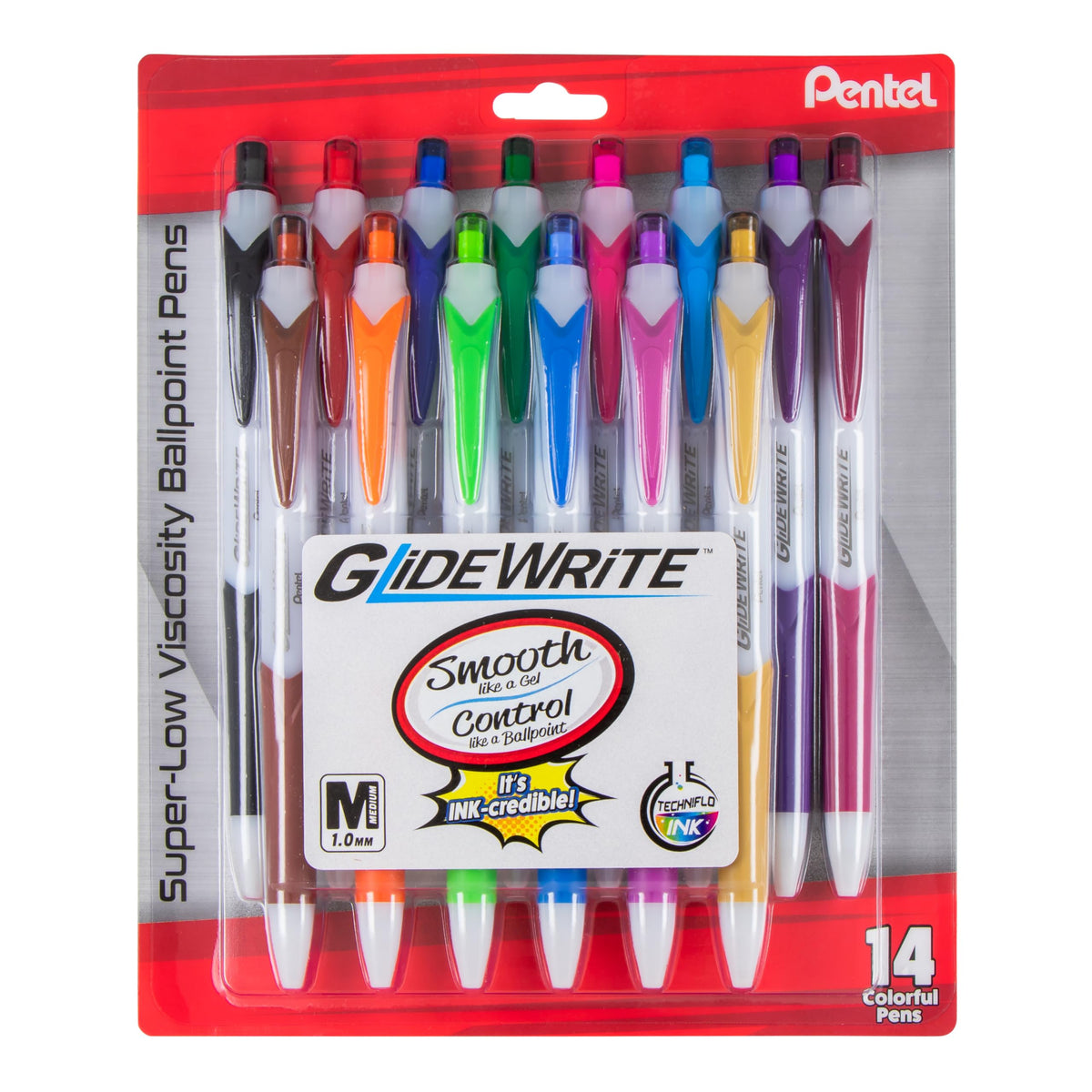 Pentel GlideWrite Ballpoint Pen, (1.0mm) Medium Line, Assorted Ink, Pack of 14 (BX910BP14M1)