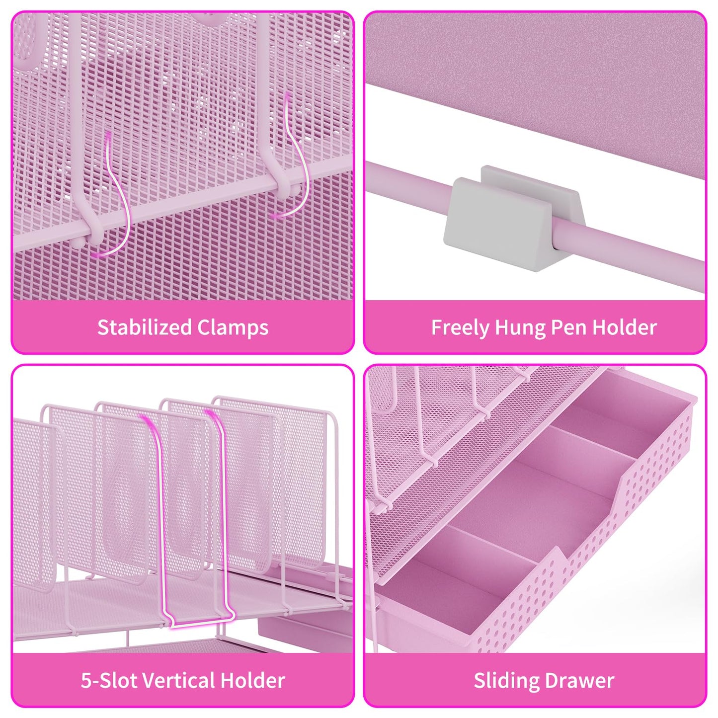 LEKETREE Pink Desk Organizer, Office Organization with Vertical File Holder, File Organizer with