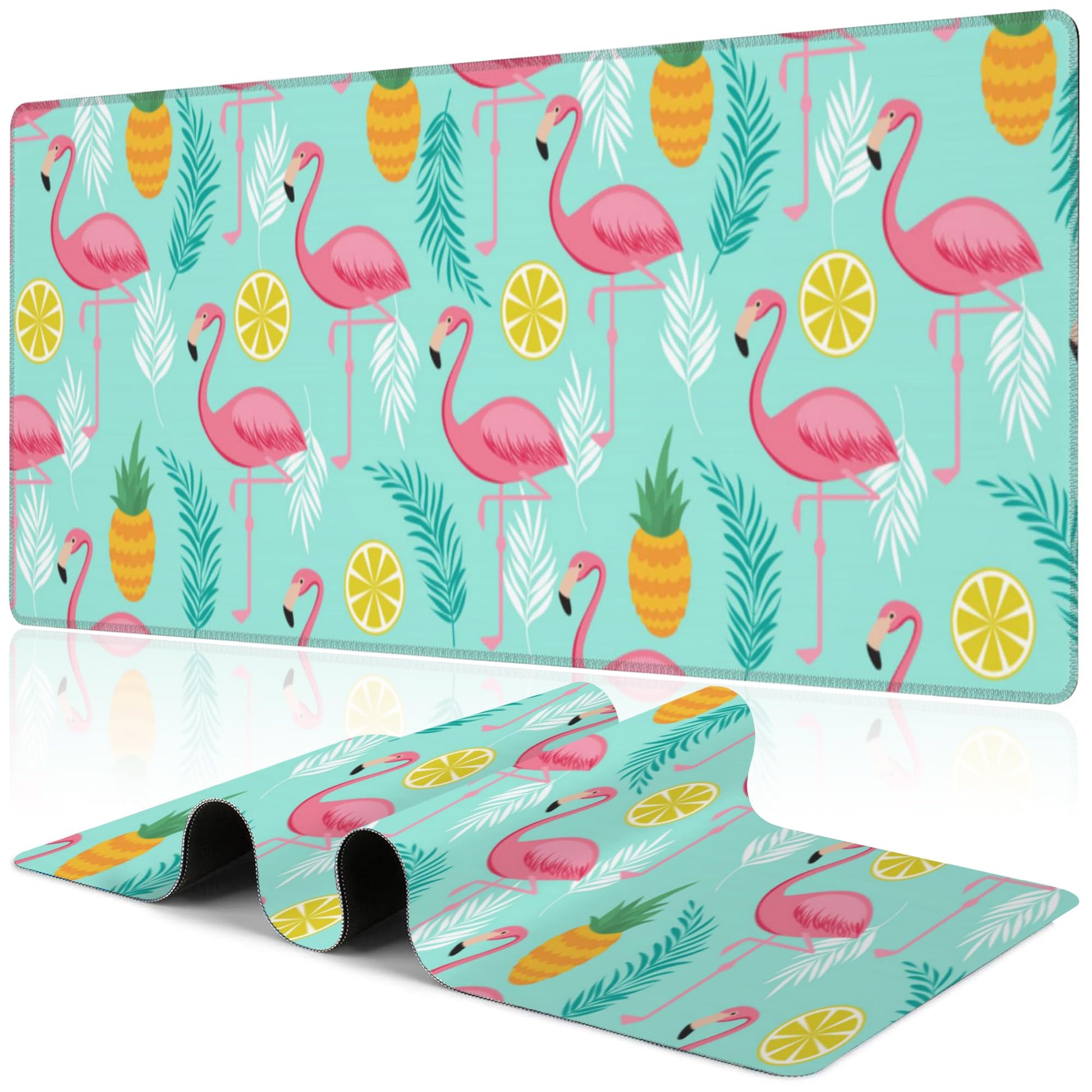 Pink Flamingo Desk Mat,Large Summer Flamingos Pineapples Tropical Leaves Gaming Keyboard Mouse