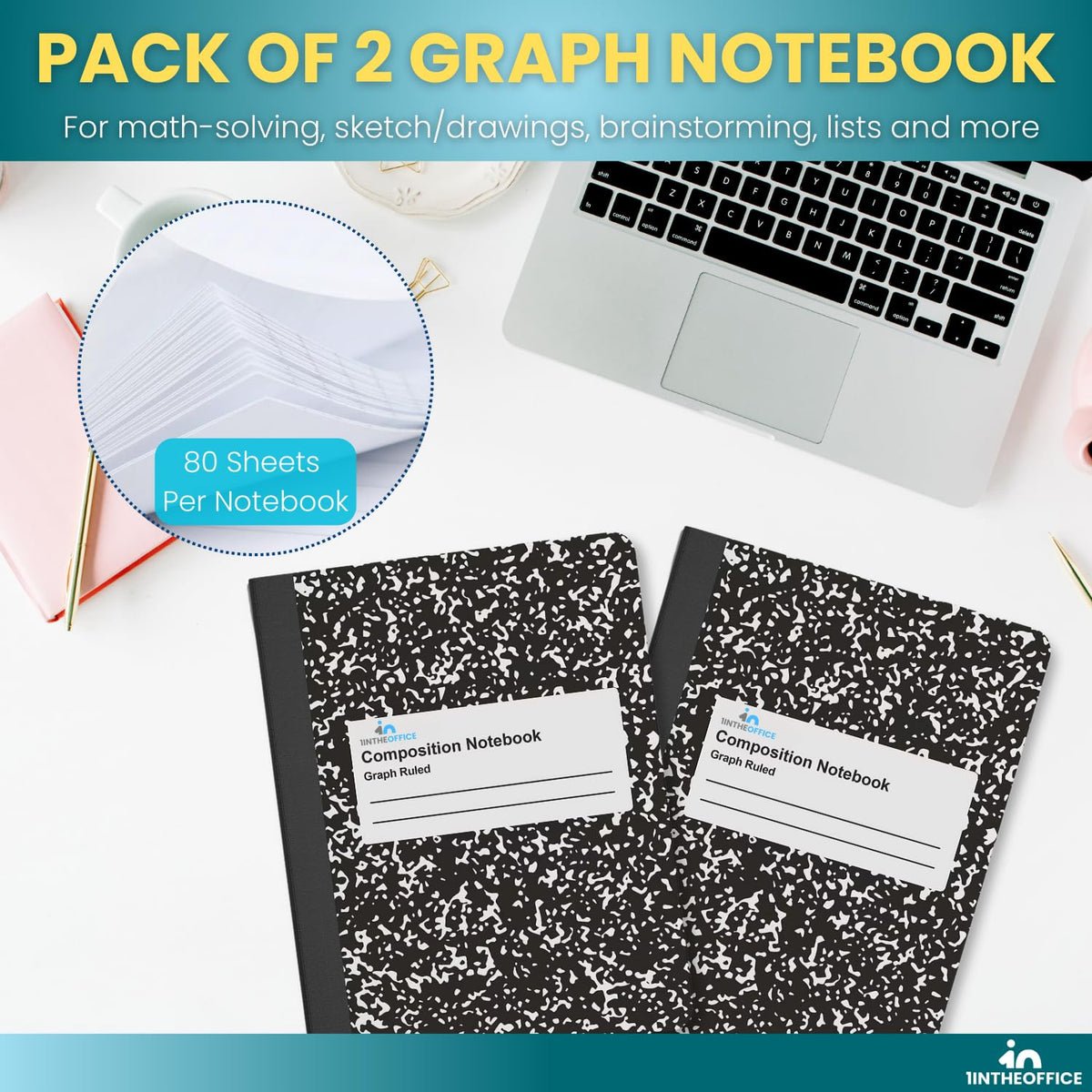 1InTheOffice Graph Paper Composition Notebook, Graph Ruled notebook, Quad Ruled Composition
