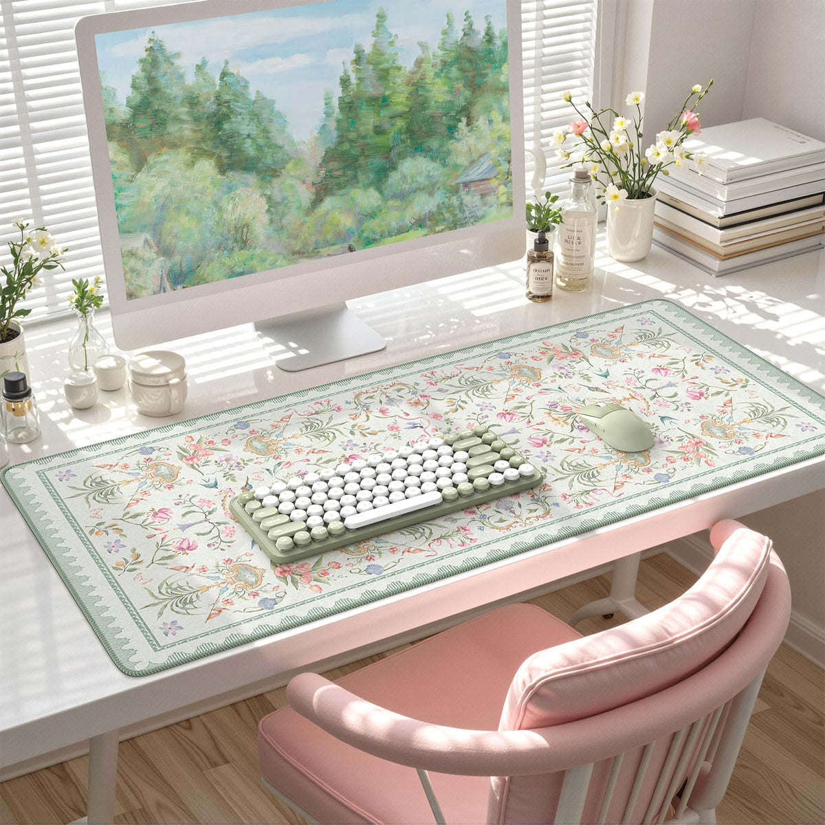 HAOCOO Green Desk Pad, 35.4" x 15.7" Vintage Floral Keyboard Mat for Office