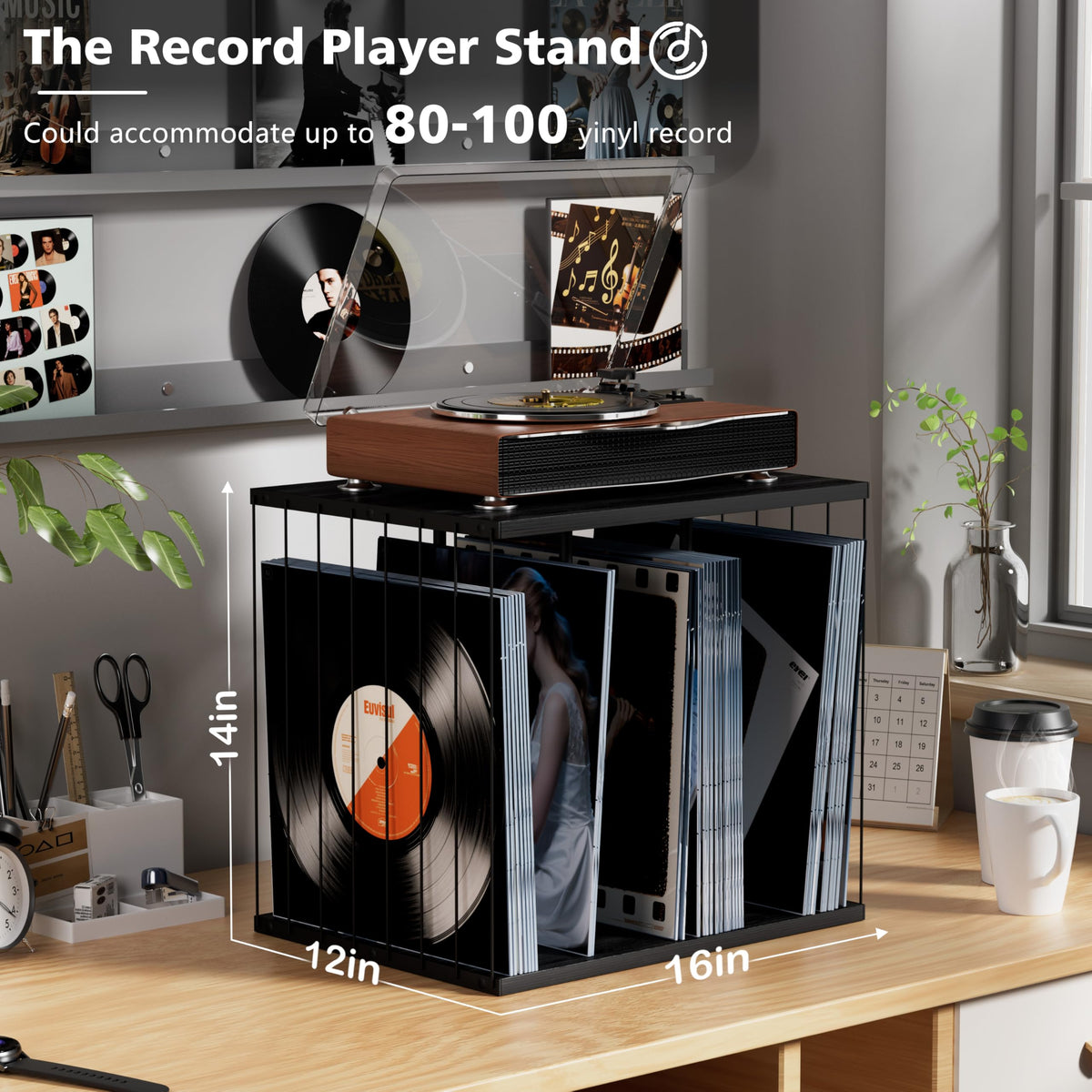 Emfogo Vinyl Record Storage, Metal & Wooden Vinyl Record Holder Up to 80 Album, 3-Compartment