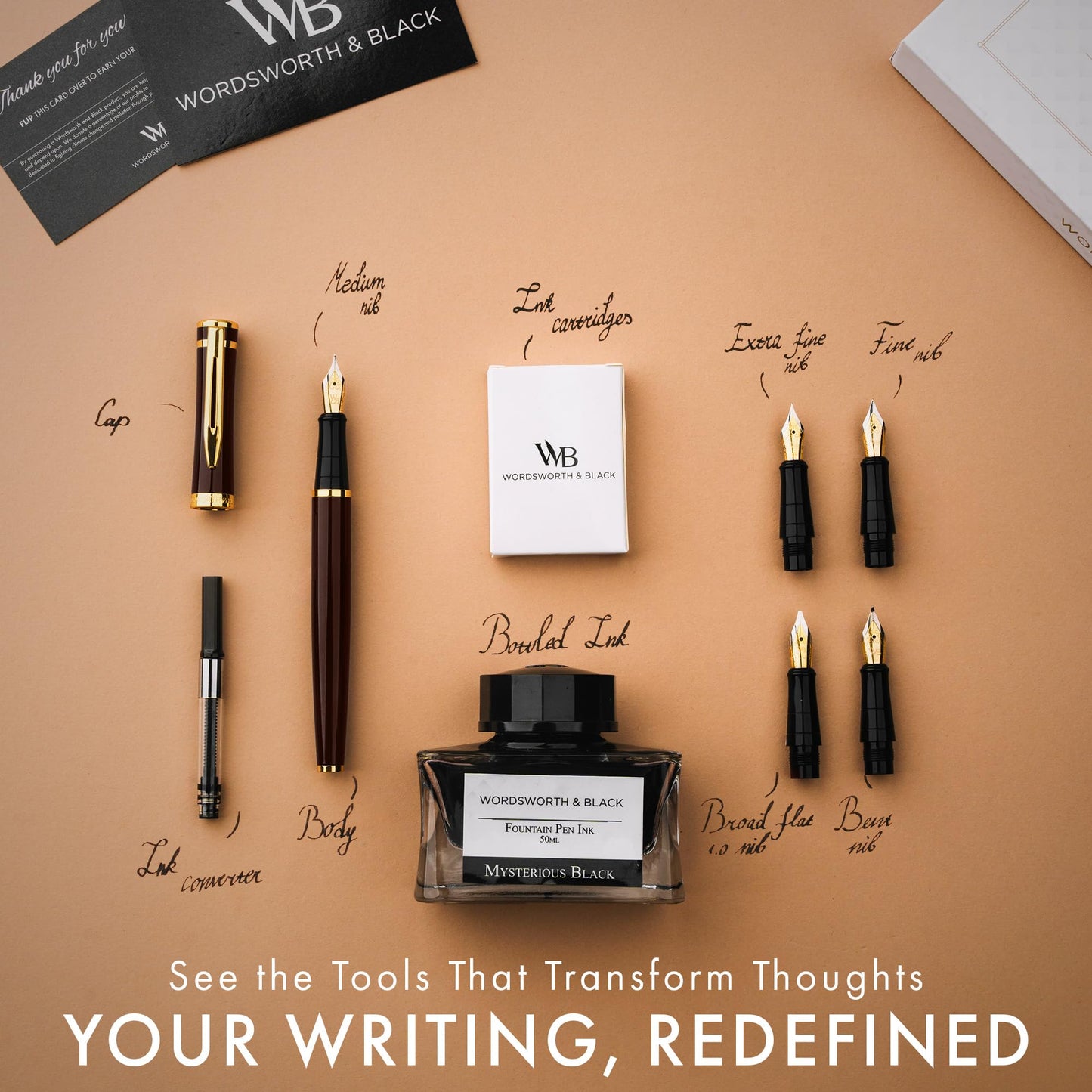 Wordsworth & Black Luxury Fountain Pen Set for Writing, 6 Nibs, Brown