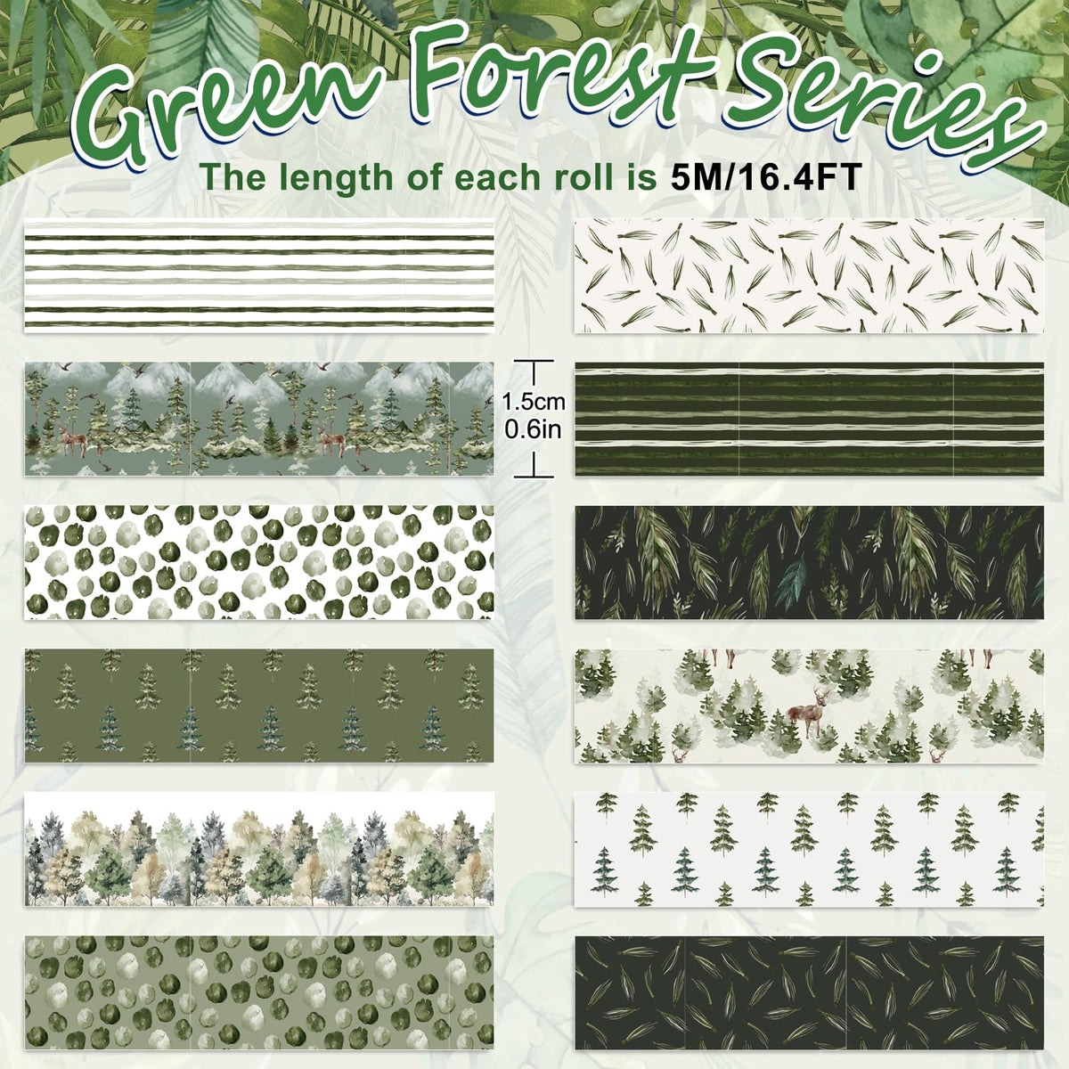 Whaline 12 Rolls Green Forest Washi Tape Watercolor Greenery Holiday Masking Tape Woodland Green