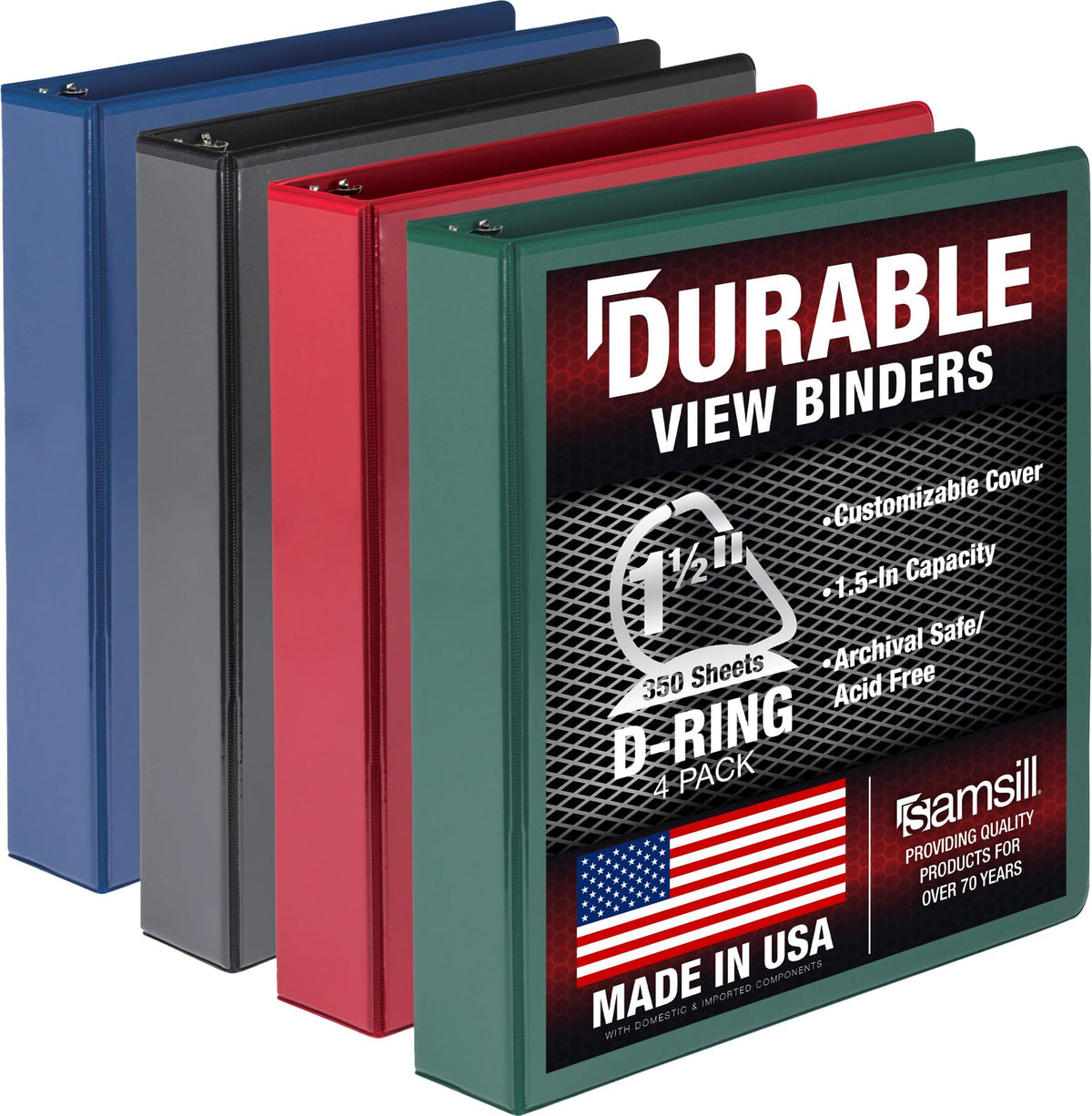 Samsill Durable 1.5 inch 3 Ring Binder, D Ring Binder, 100% Recycled Chipboard, Basis Assortment, 4