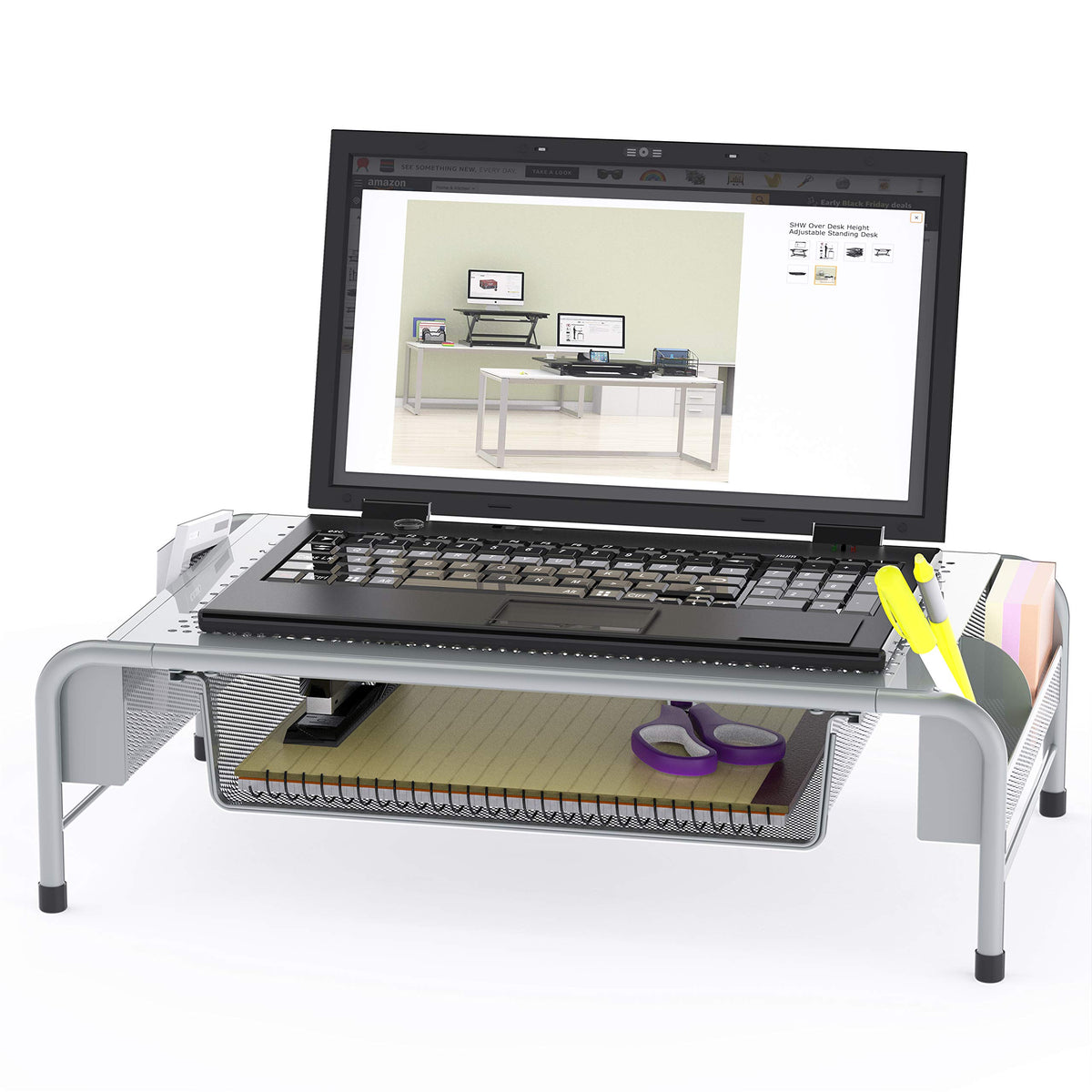 Simple Houseware Metal Desk Monitor Stand Riser w/ Organizer Drawer, Silver