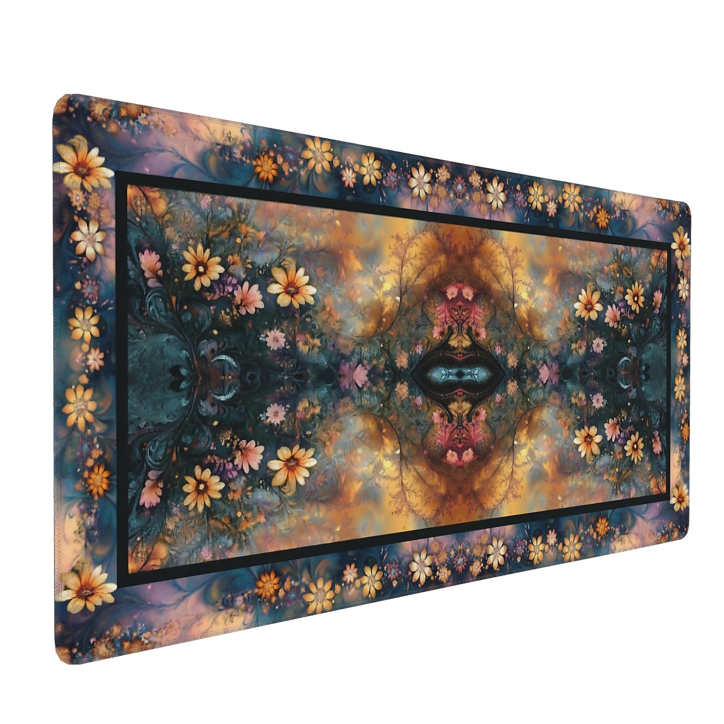 Floral Aesthetic Daisy Gaming Mouse Pad, Gold Blue Rug Desk Mat with Anti-Slip Base & Stitched