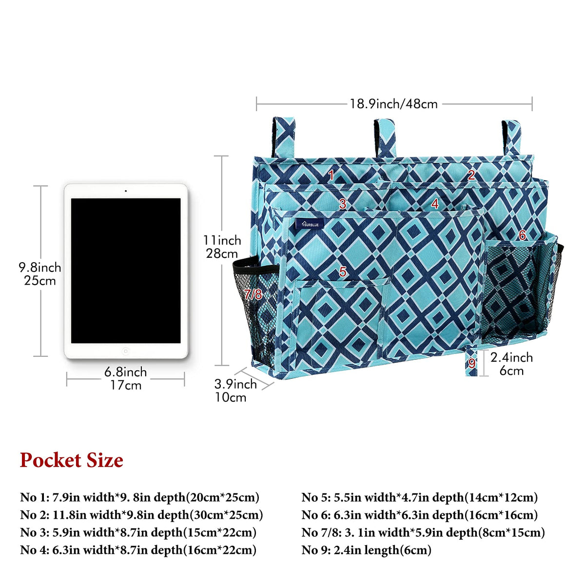 Surblue Bedside Caddy Hanging Bed Organizer Storage Bag Pocket for Bunk and Hospital Beds, College