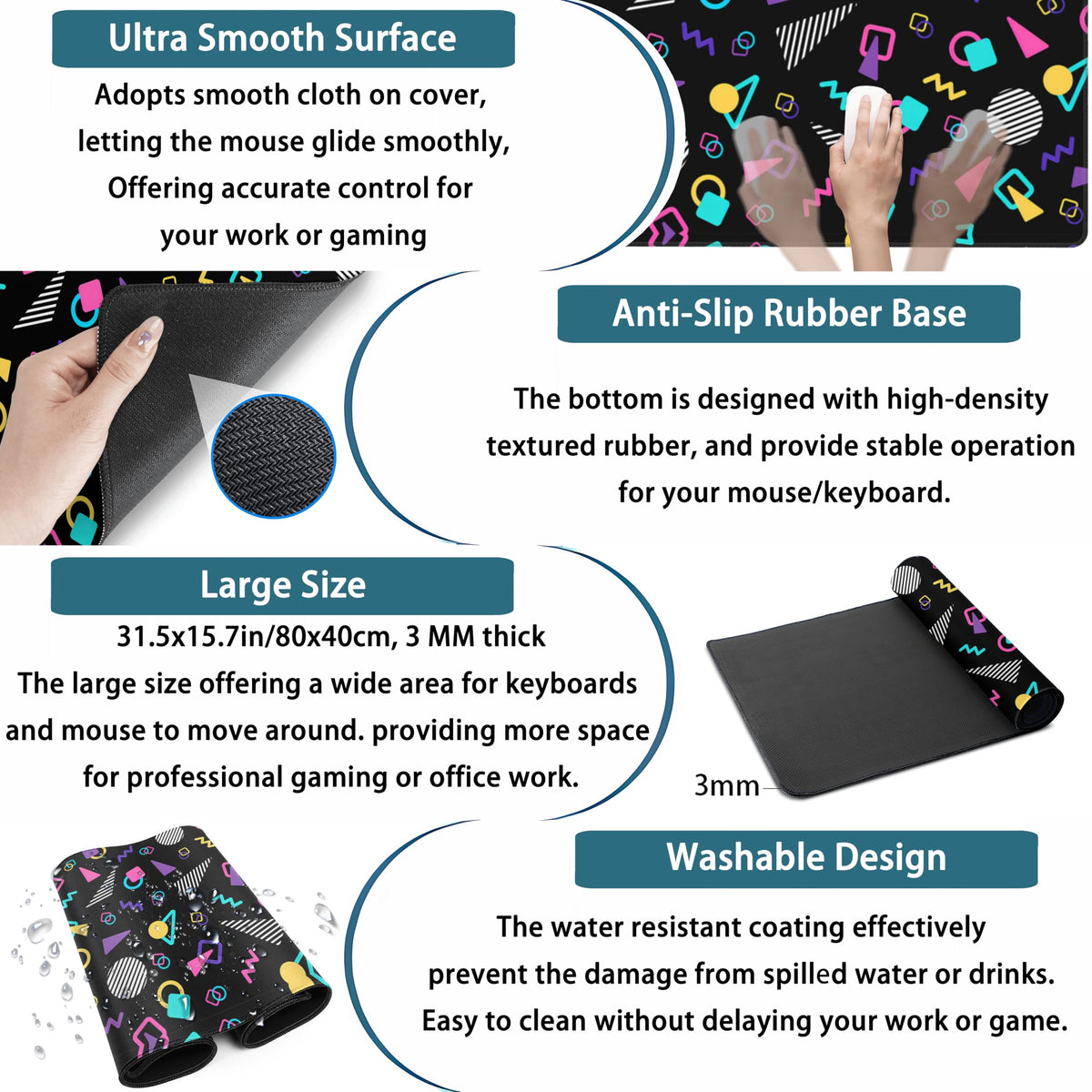 Retro 80s Desk Mat, Cute 90s XXL Large Gaming Mouse Pad, Black Boho Desk Pad with Stitched Edges