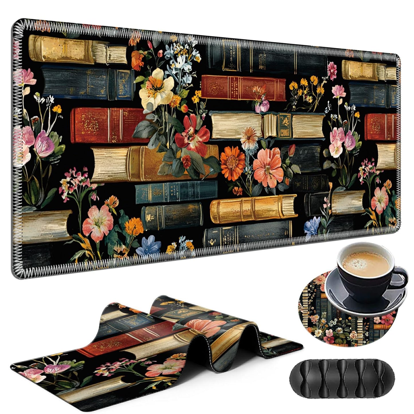 Large Gaming Mouse Pad Plus a Coasters + Cable Clips, Library Flowers Extended Mousepad (31.5 x
