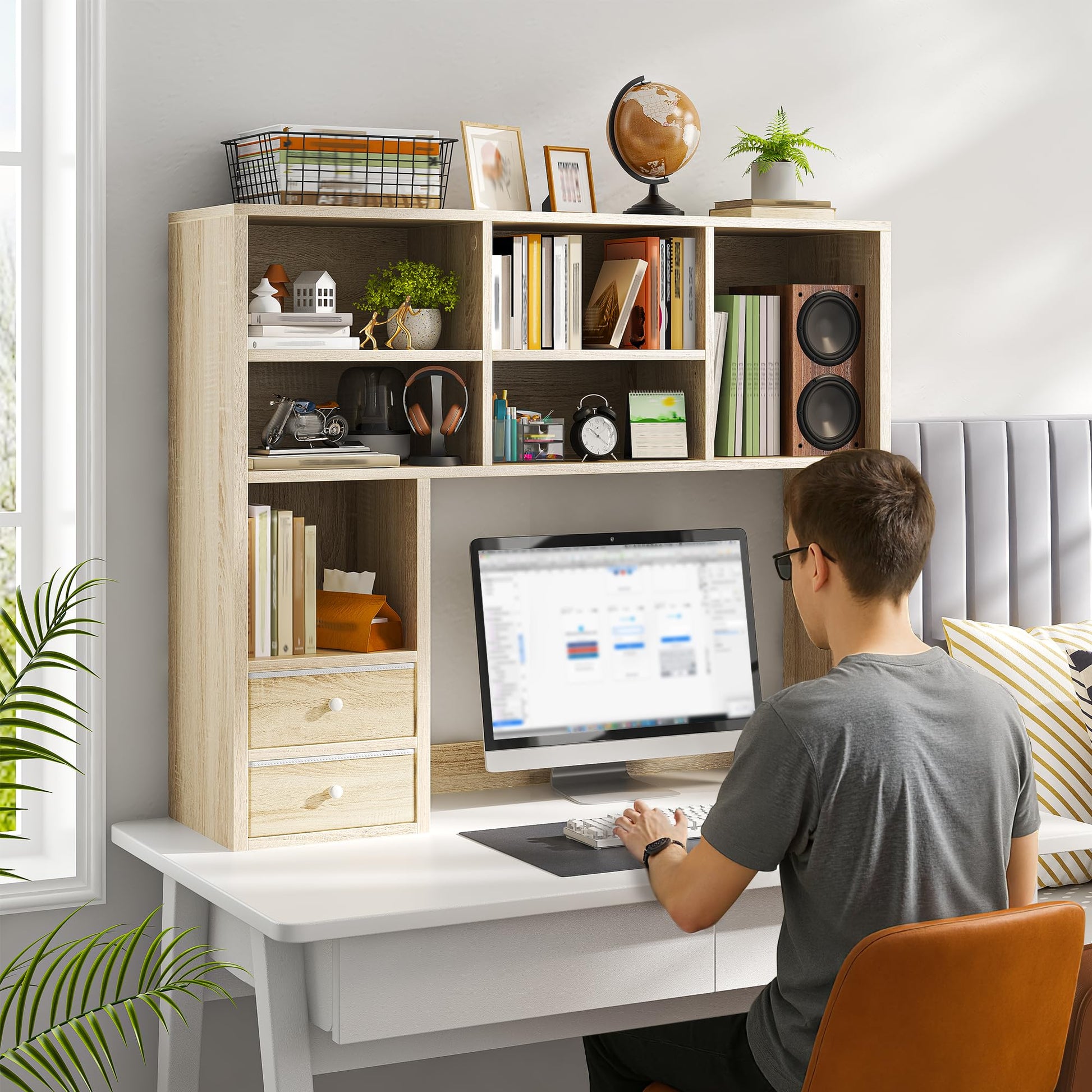 REIBII Desktop Bookshelf, 8 Shelves Desk Hutch for Dorm Room, Natural