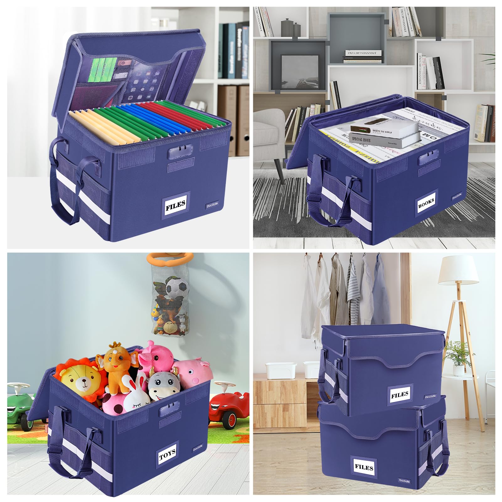 DocSafe Fireproof Document Box with Lock, File Storage Organizer with Mesh Pockets, Collapsible