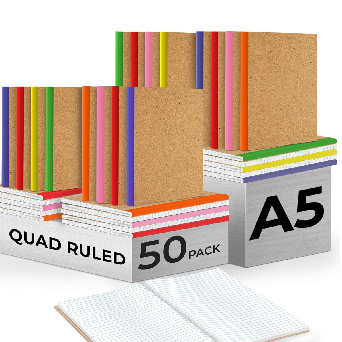 Rosmonde 50 Pack Bulk Graph Paper Composition Notebook, A5 Kraft Notebook