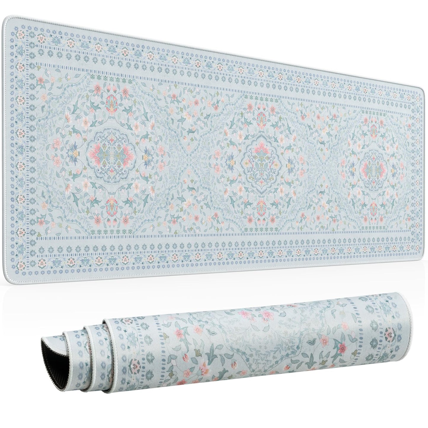 HAOCOO Cute Blue Floral Desk Pad, 31.5" x 11.8" Mouse Pad for Office Setup
