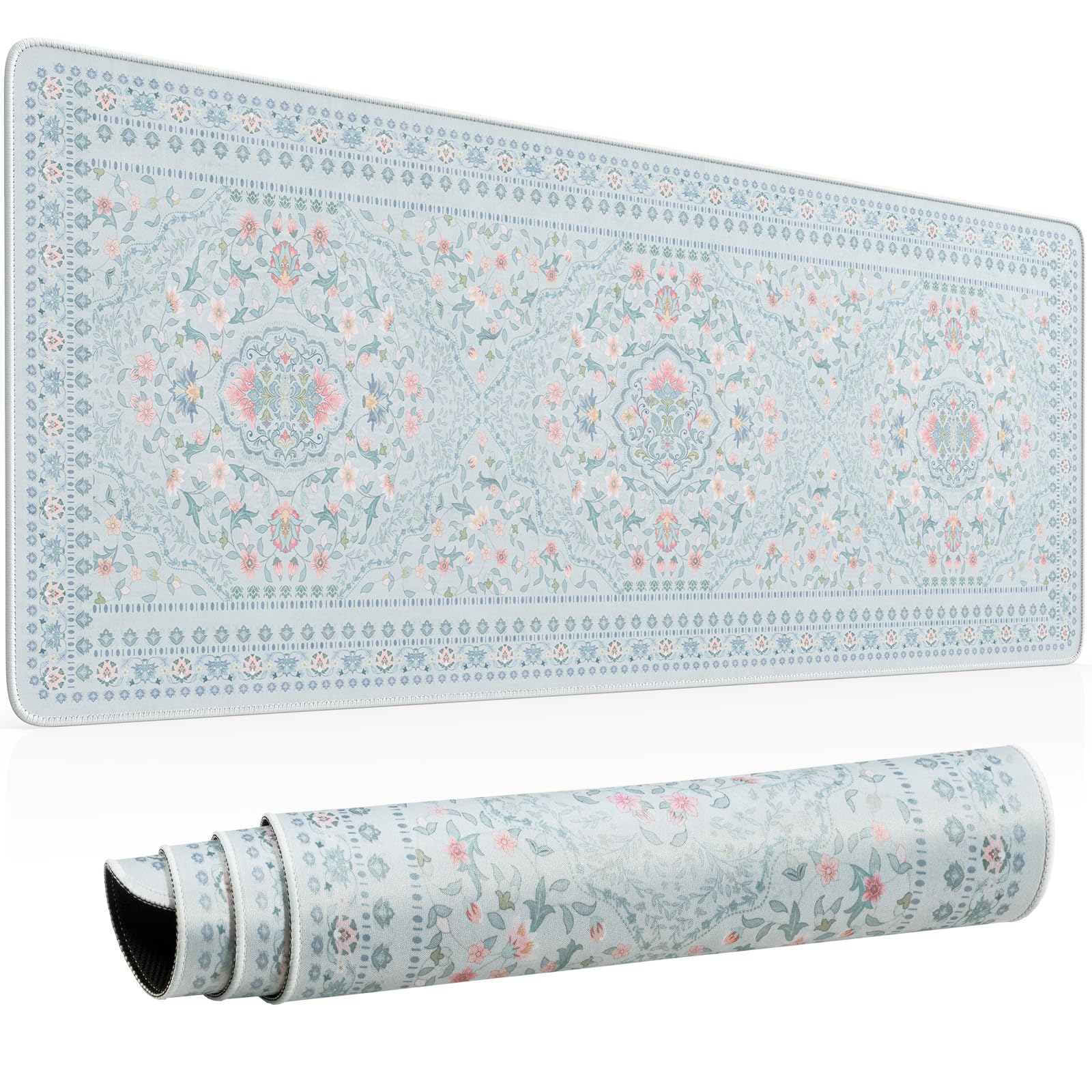 HAOCOO Cute Blue Floral Desk Pad, 31.5" x 11.8" Mouse Pad for Office Setup