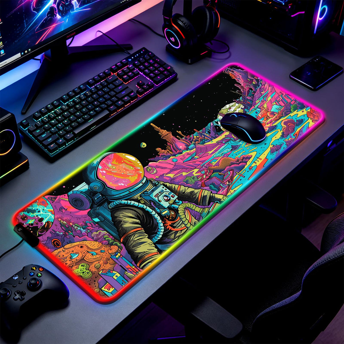 JIANG100 RGB Fantasy Cosmic Astronaut Gaming Desk Mat, XL Mouse Pad