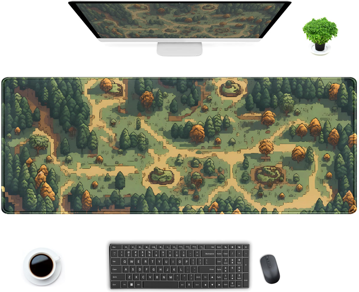 Retro Brown Green Desk Mat XL Large Gaming Green Forest Pixel Mouse Pad Non-Slip Rubber Base