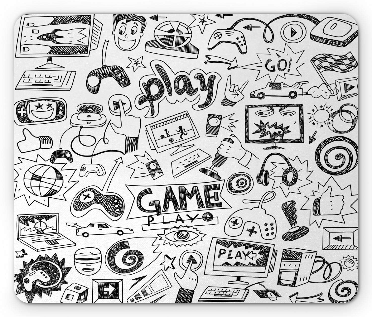 Ambesonne Video Games Mouse Pad, Monochrome Sketch Style Gaming Design Racing Monitor Device Gadget