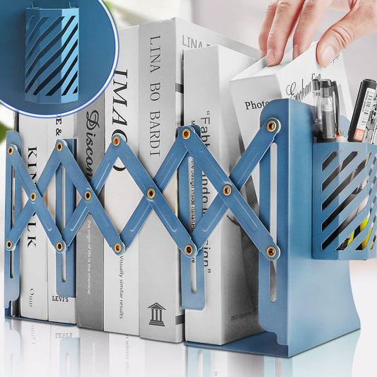 Heavy Duty Book Ends to Hold Books with Pen Holder, Carooyac Adjustable Bookends, Metal Book Ends