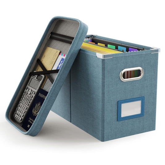 Oterri File Organizer Box with Lid, Hanging Filing File Box with Mesh Pocket, Document Organizer