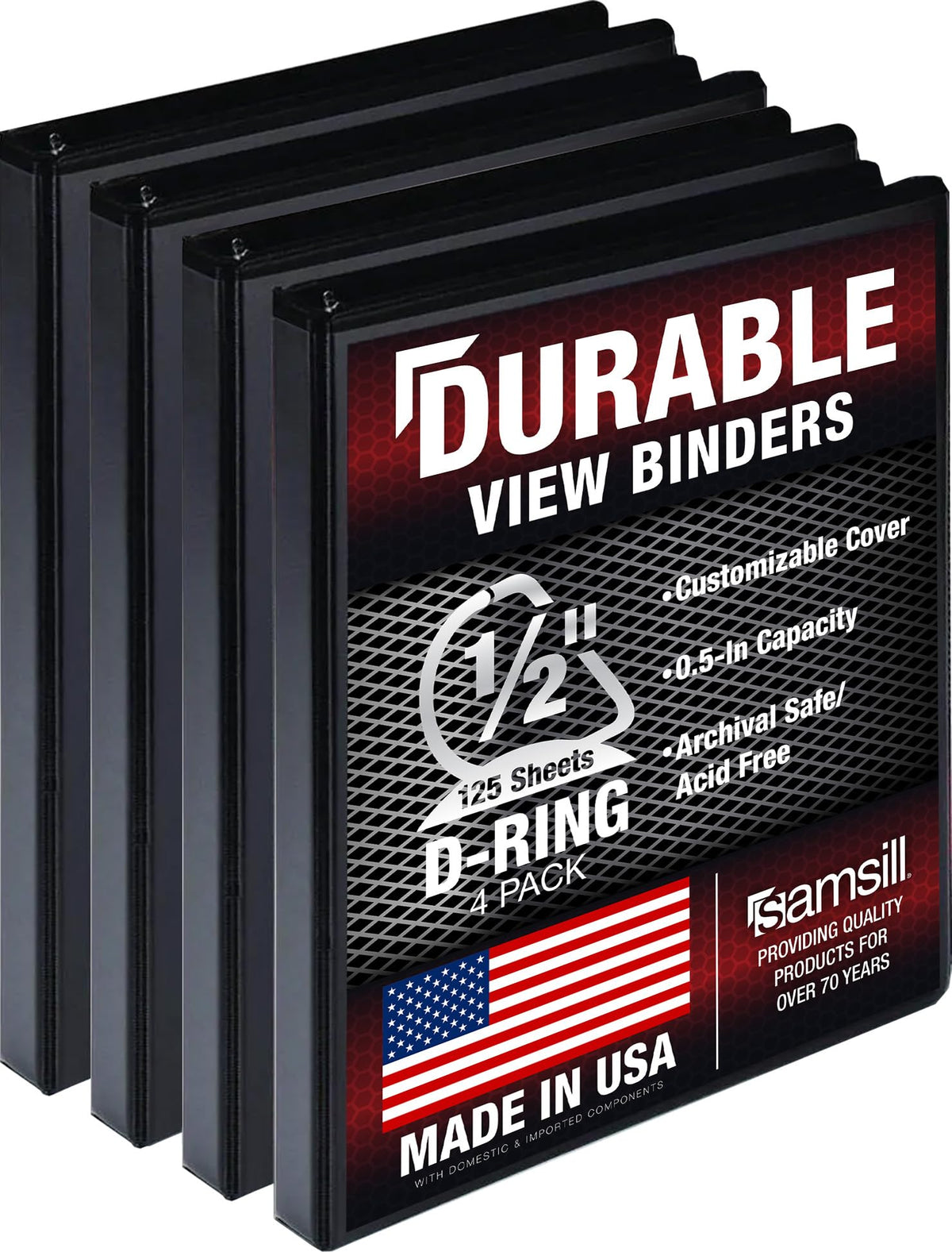 Samsill Durable 0.5 inch 3 Ring Binder, D Ring Binder, 100% Recycled Chipboard, Black, 4 Pack