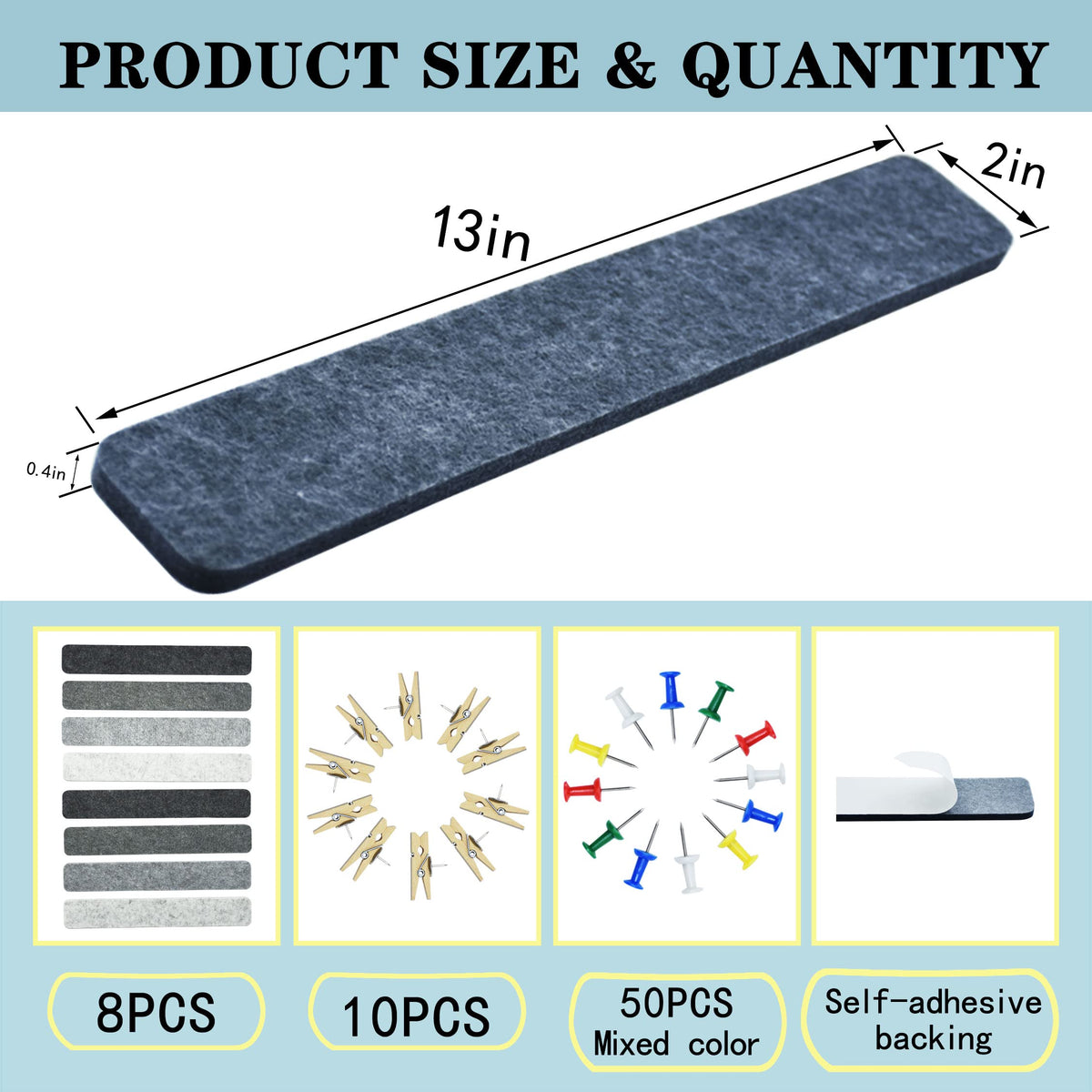 YOUDEFUL 8Pcs Bulletin Board Strip, Felt Cork Board with 50 Pushpins