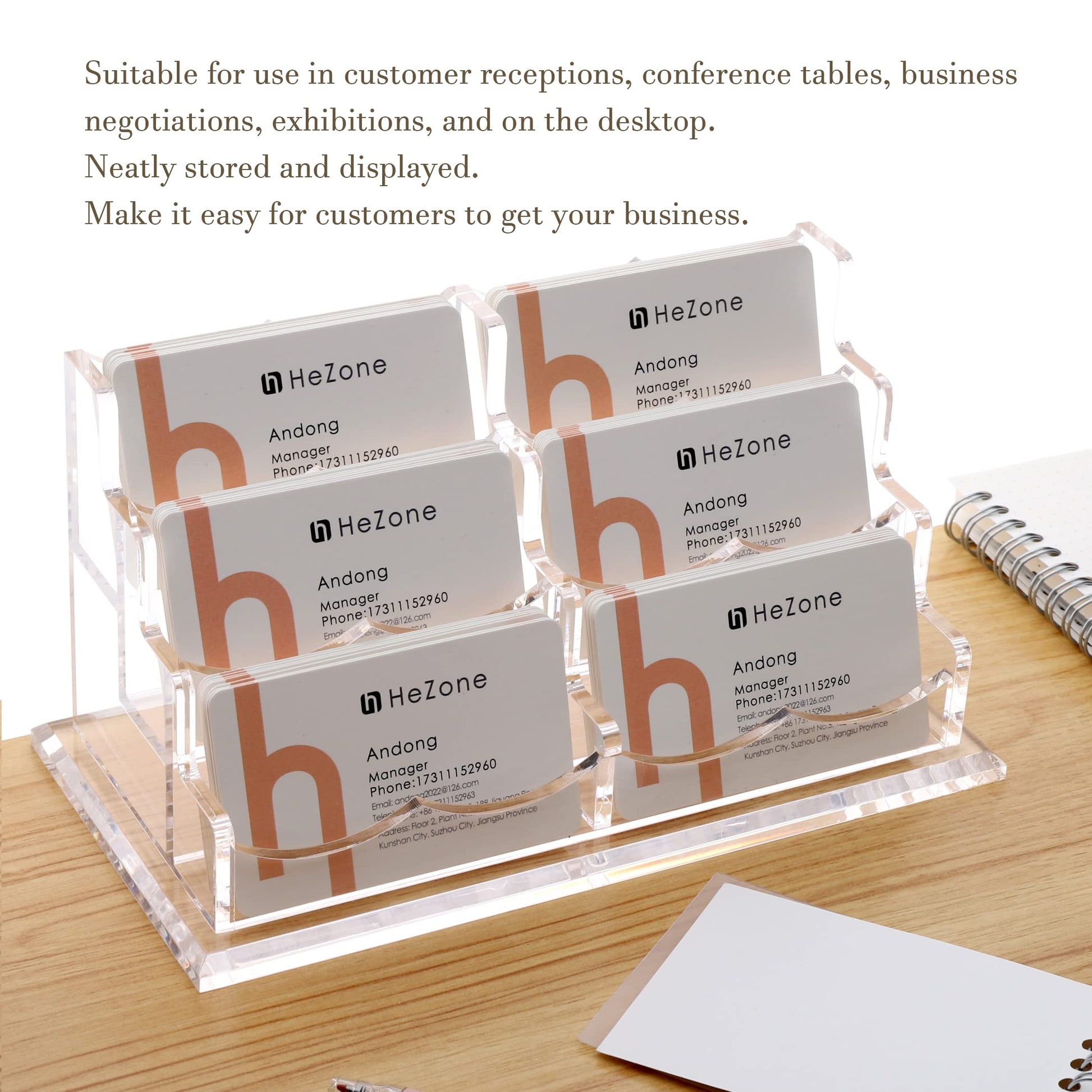 HeZone Business Cards Holder Display for Desk, Clear Acrylic Multiple 3 Tier 6 Slot Business Card