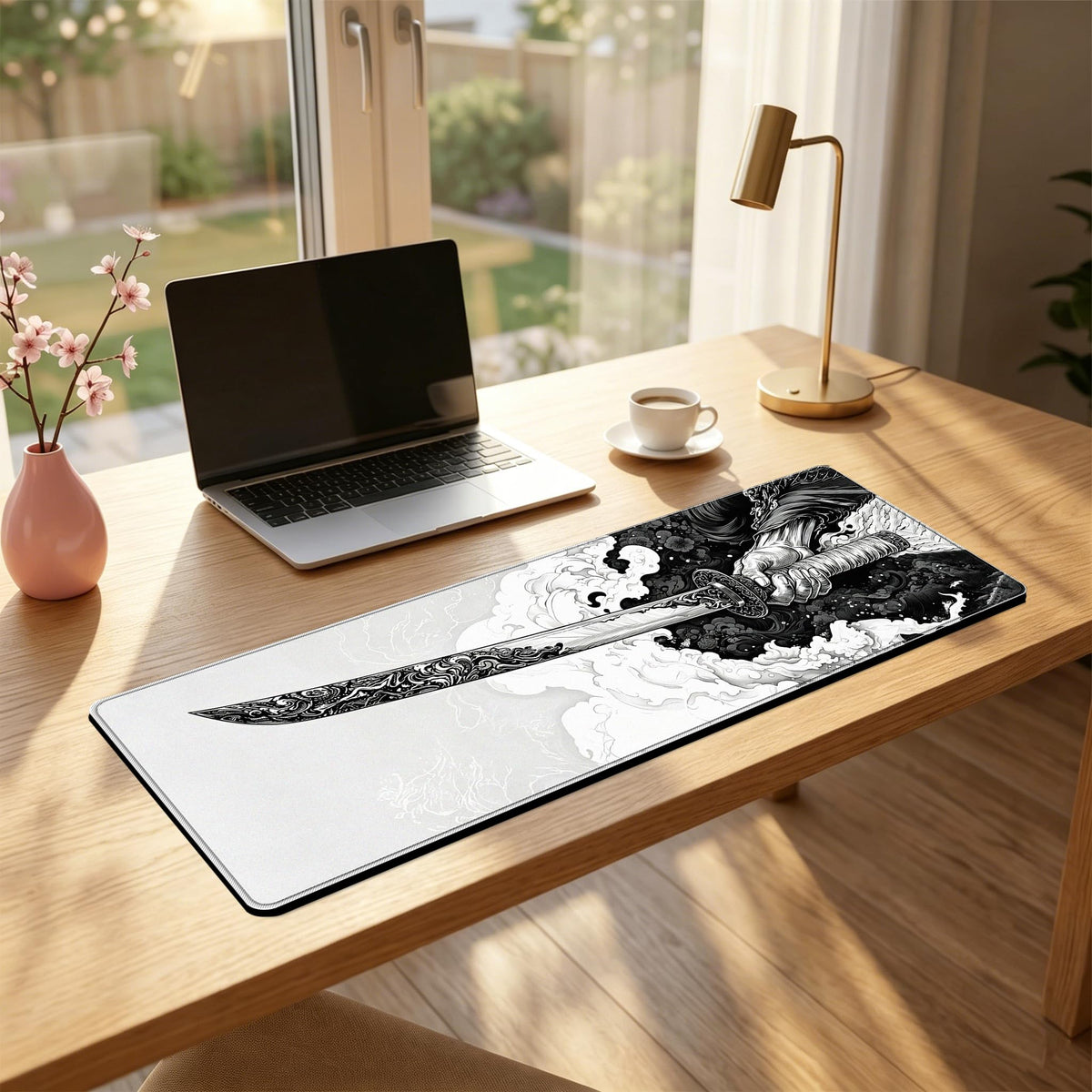 PEPYJAN Black and White Japanese Samurai Sword Game Mouse Pad, Extended Large Desktop Pad, Stitched
