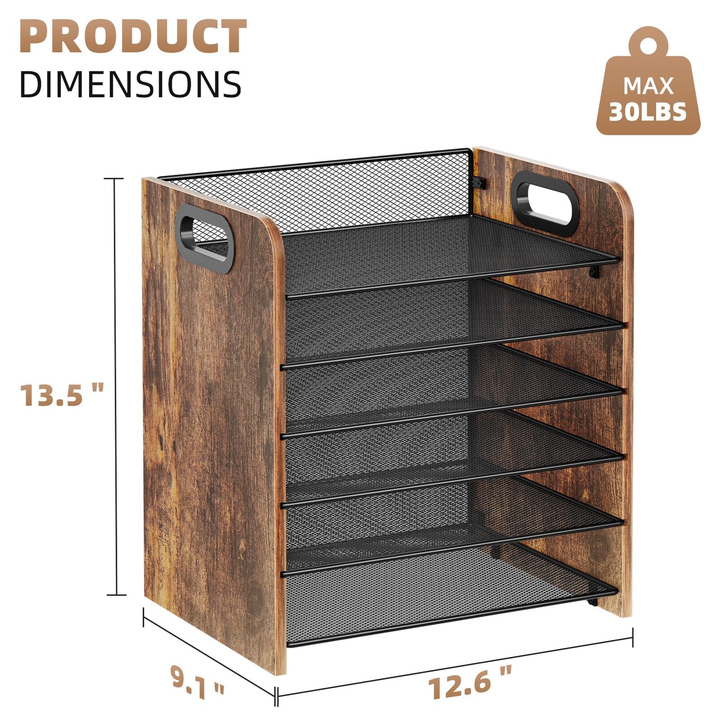 Marbrasse 6 Tier Paper Organizer Letter Tray - Wooden Desk File Organizer with Handle, Paper Sorter