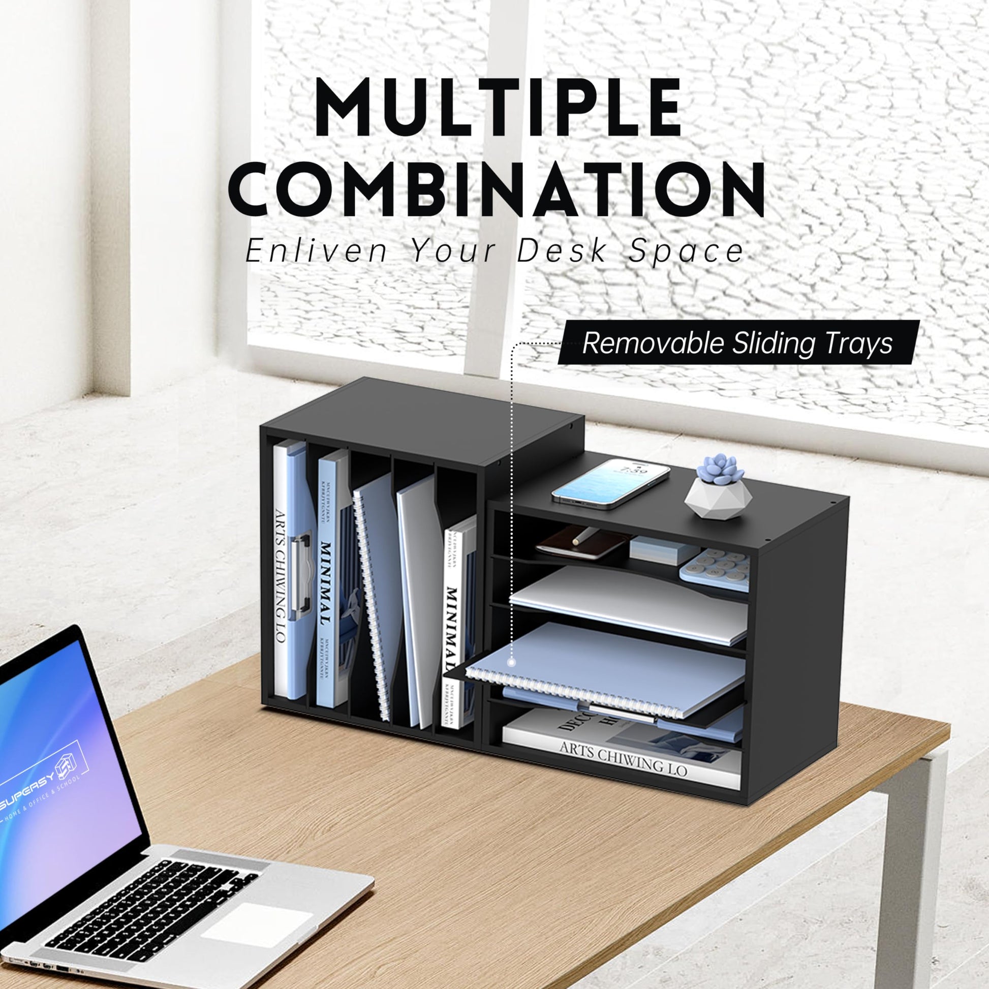 5 Tier Wood Desk Organizer, Mail Sorter and Paper Organizer for Desk, Black