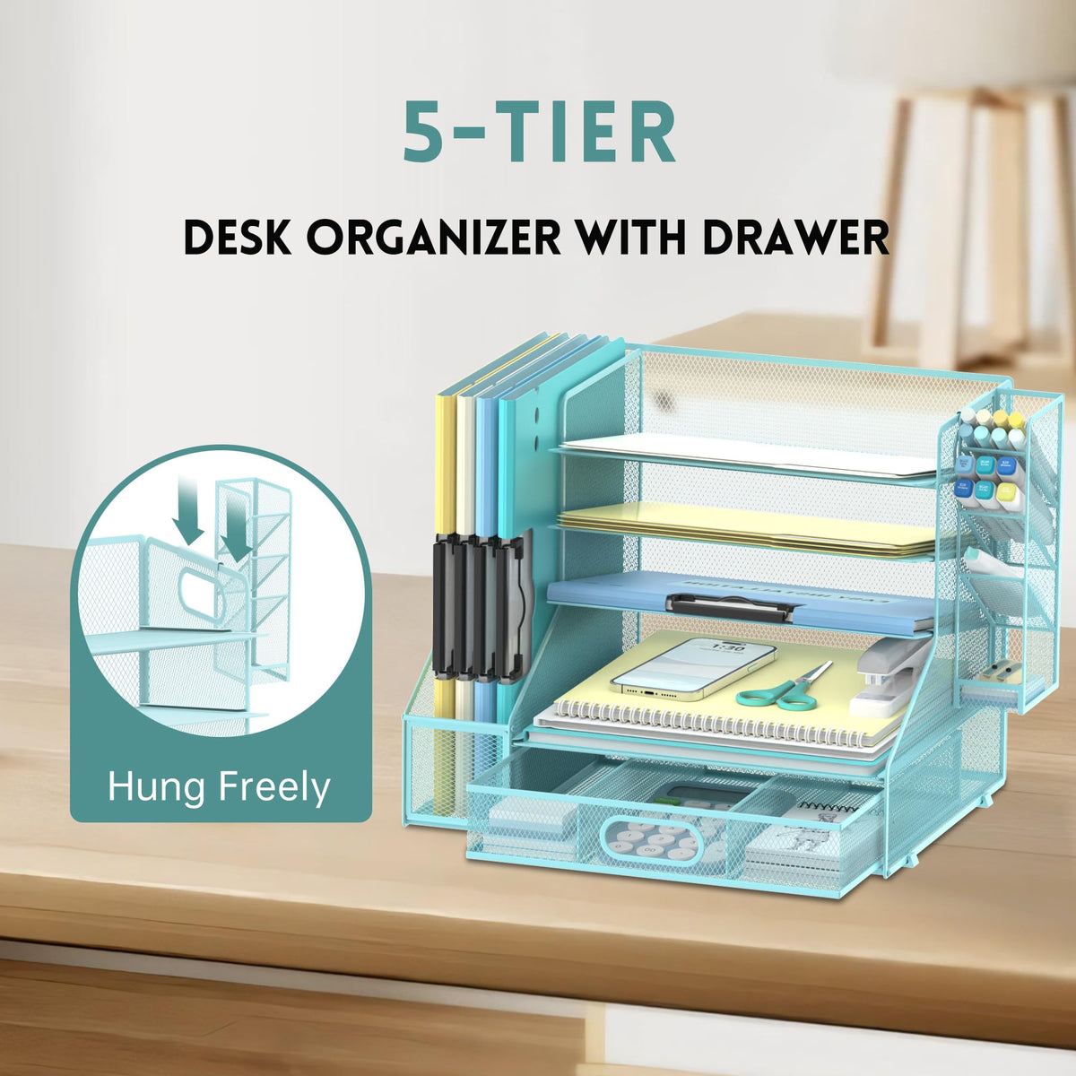 5-Tier Desk Organizer with File Holder & Pen Holder & Sliding Drawer, Blue