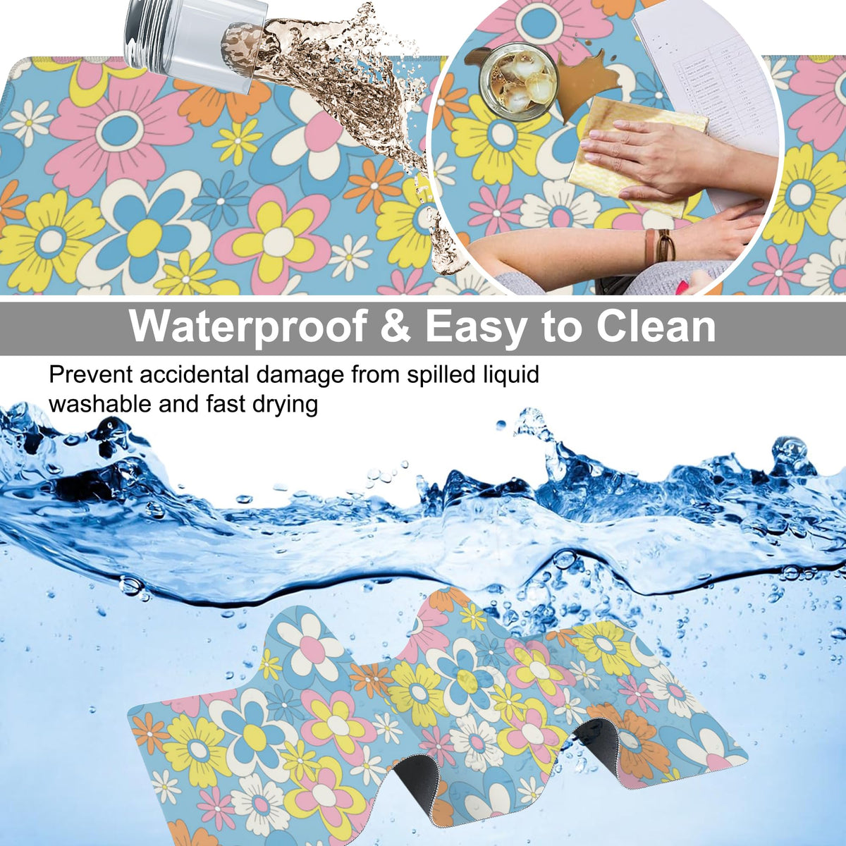 Colorful Retro Flowers Desk Mat,Large Cute Floral Gaming Keyboard Mouse Pad,Non-Slip Rubber Base