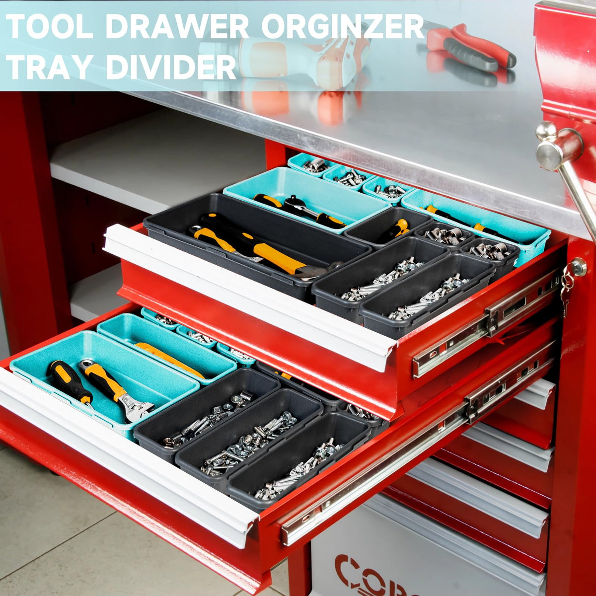 FLYVOLE Tool Box Organizer Tray, 60 PCS & 5 Sizes, Black and Sky Blue