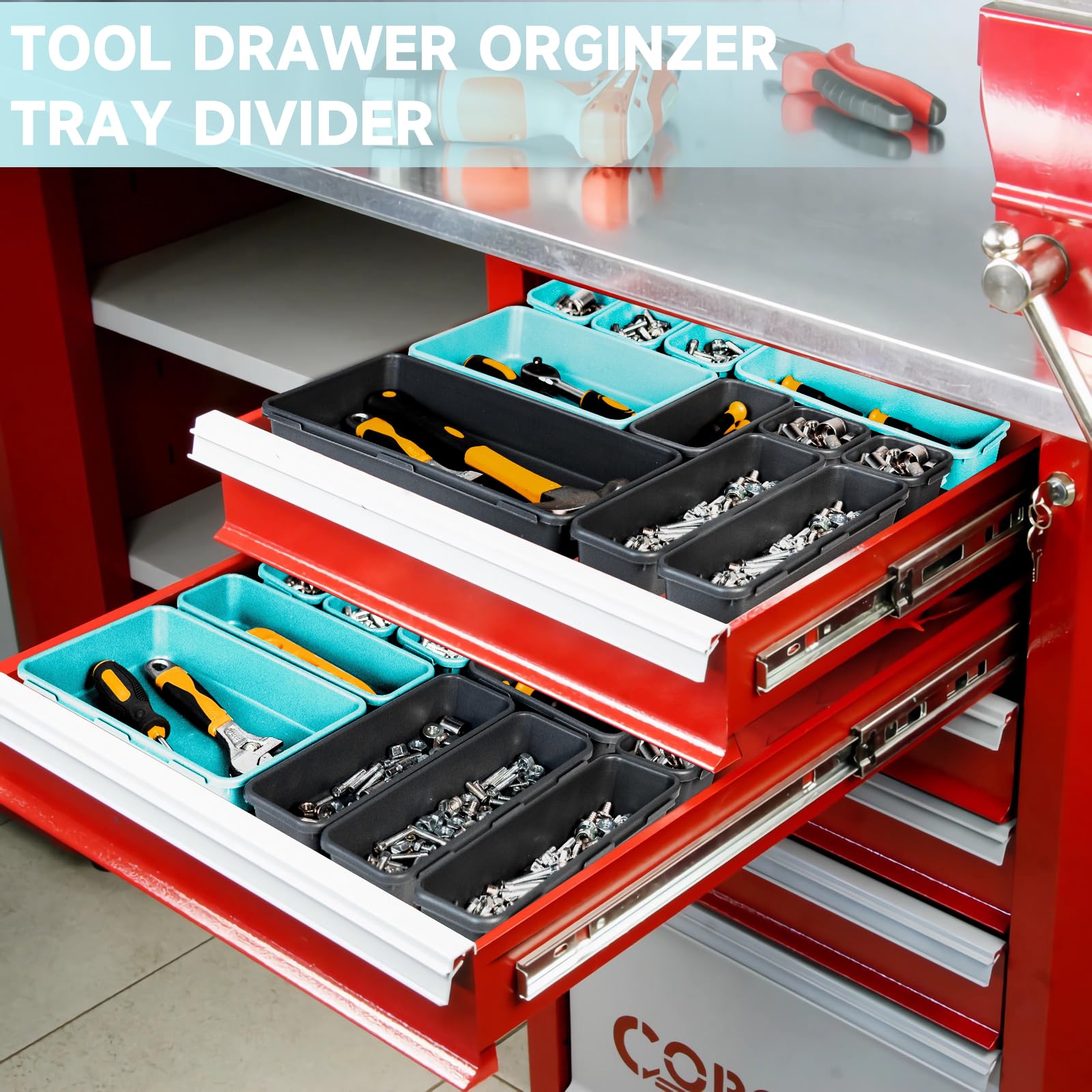 FLYVOLE Tool Box Organizer Tray, 60 PCS & 5 Sizes, Black and Sky Blue