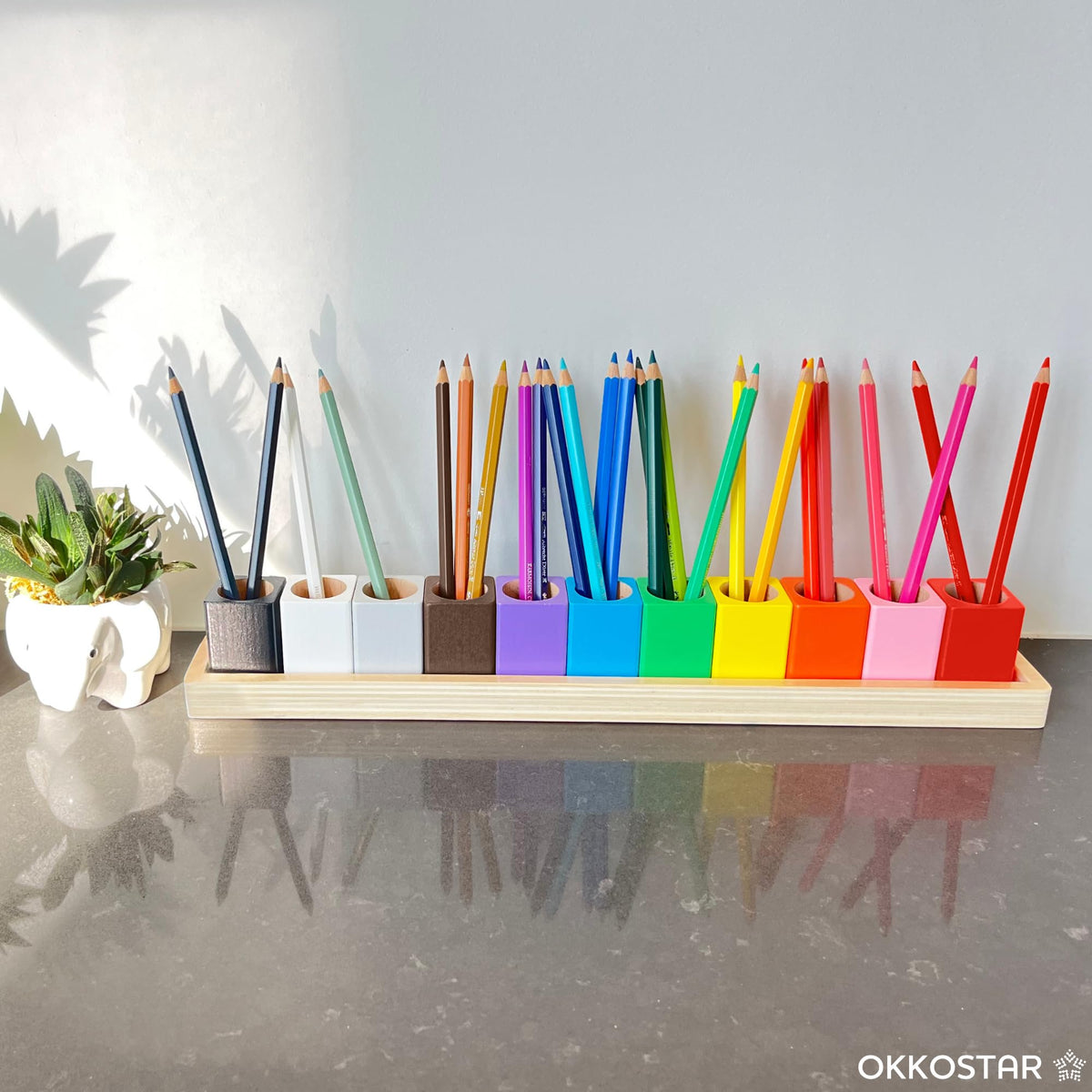 OKKOSTAR Wooden Crayon & Colored Pencil Holder, 11 Cups, Classroom (Large)