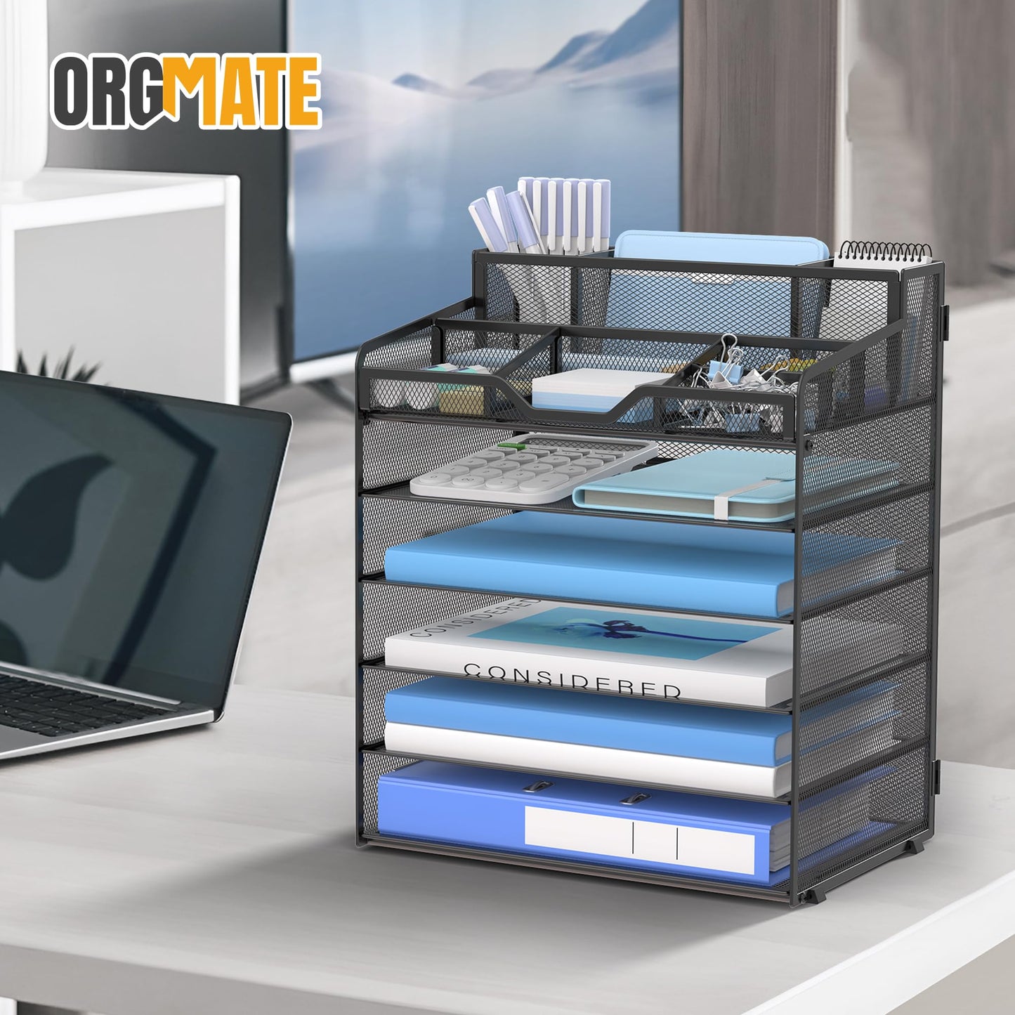 OrgMate 6 Tier Mesh Paper Desk Organizer with Pen Holders, Black