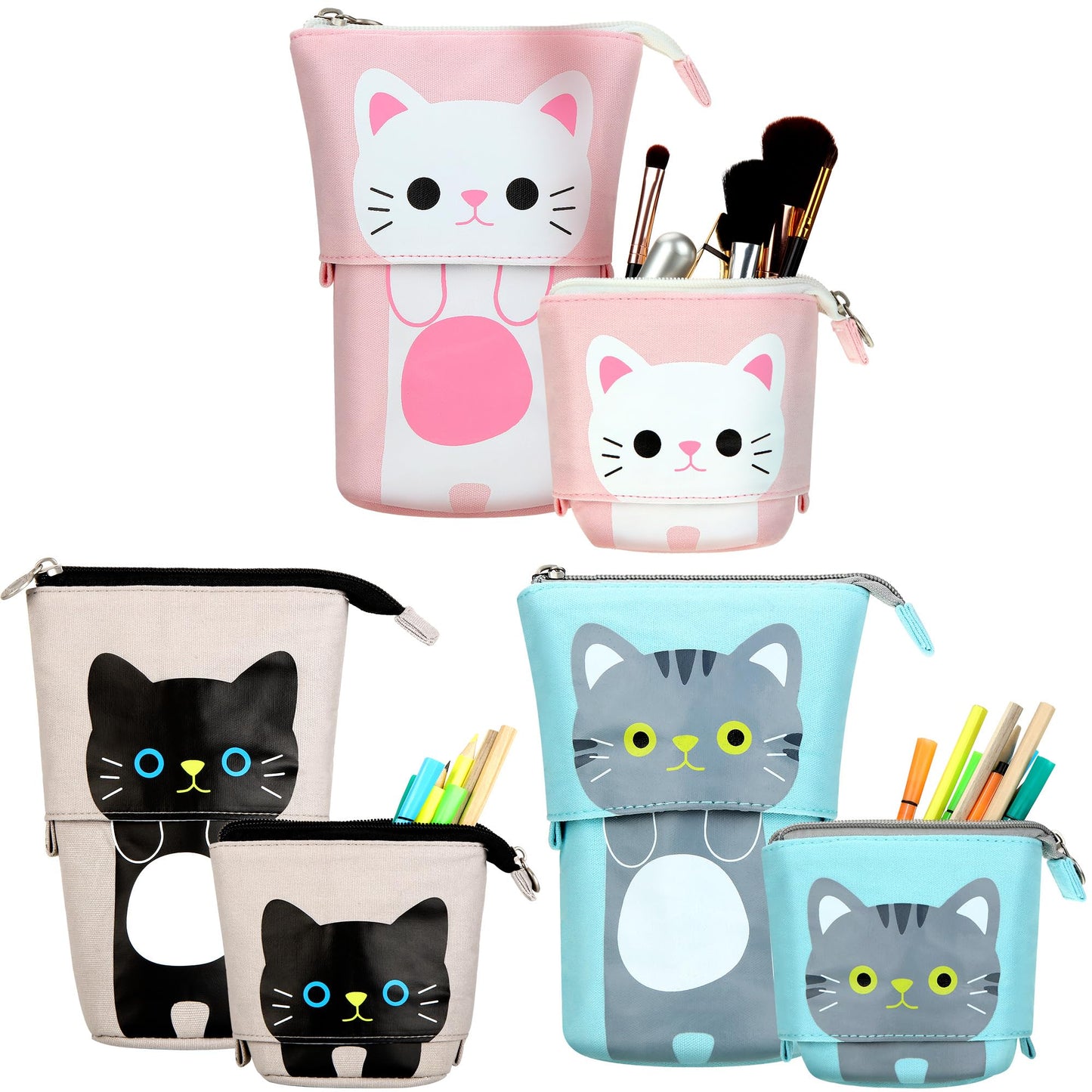 Outus 3 Pcs Standing Pencil Case, Gray, Black, White Cat